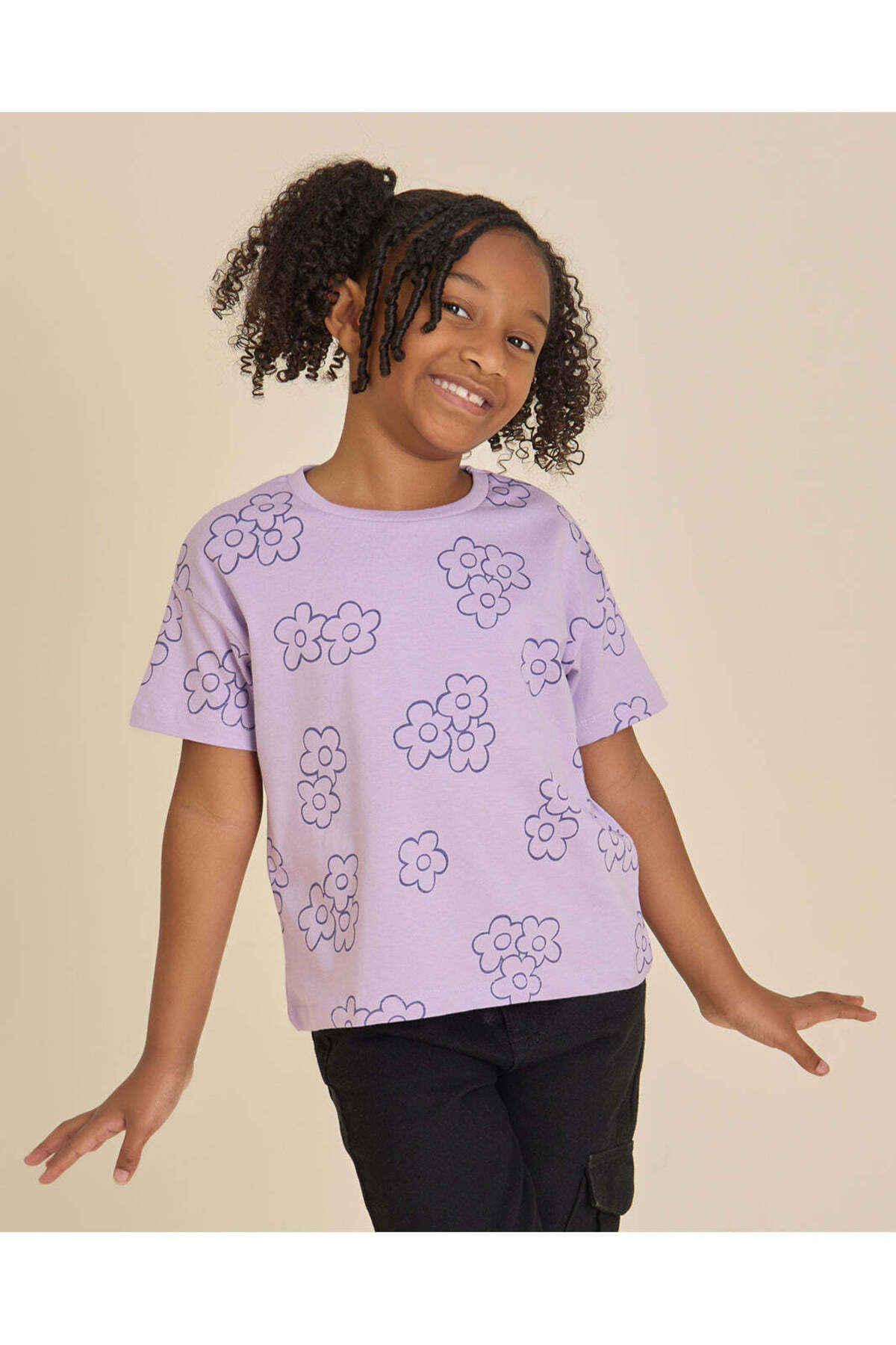 REDTAG Girls Lilac Floral Print T-Shirt
