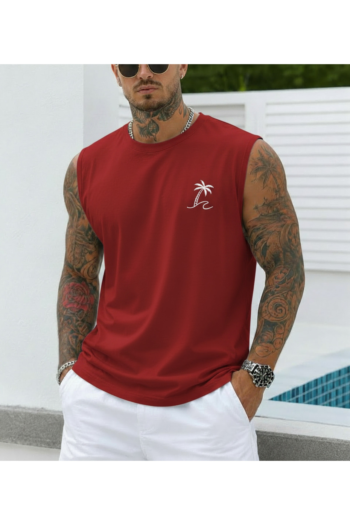 TREND EMMODA Erkek Minimal Palmiye Baskılı Sıfır Kol Yuvarlak Bisiklet Yaka Kırmızı Tişört / Tshirt