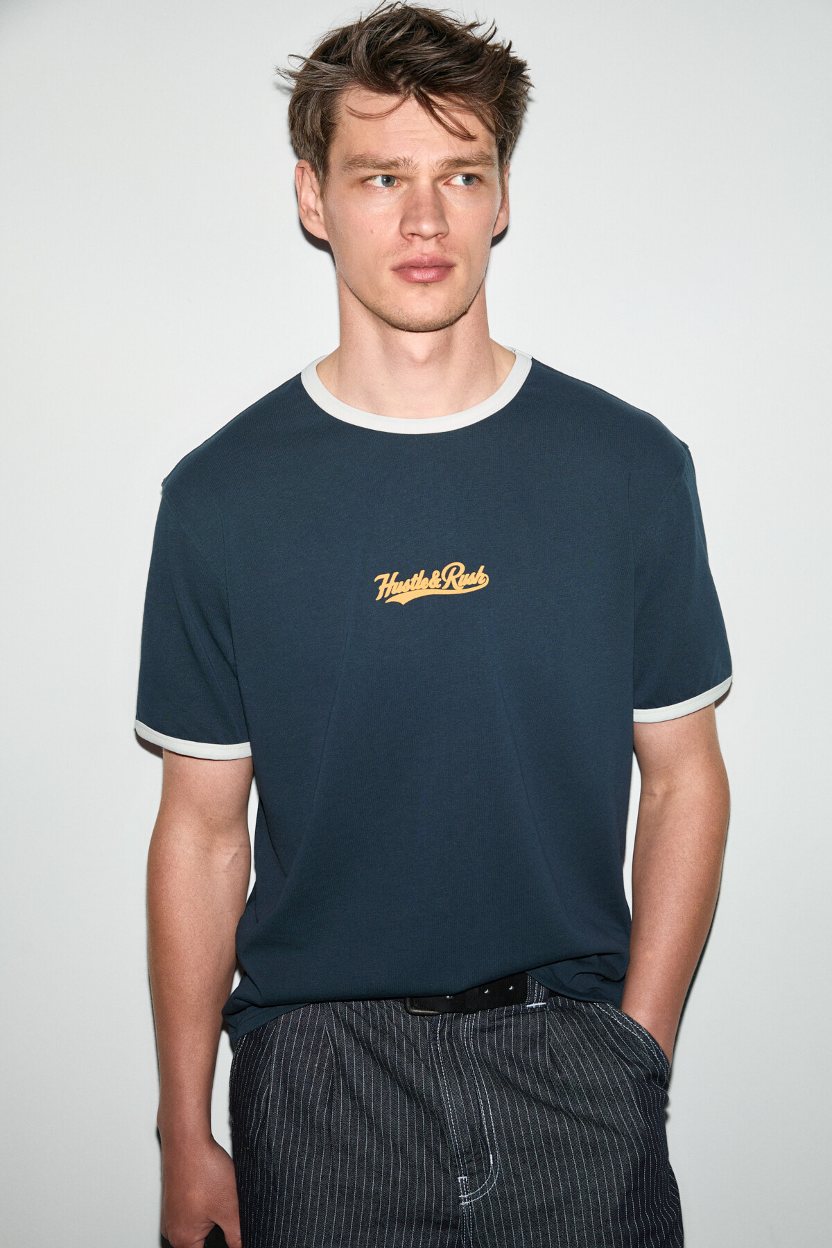GRIMELANGE GOLONDRO Erkek %100 Organik Pamuklu Kontrast Biyeli Baskı Detaylı Regular Fit Lacivert T-Shirt