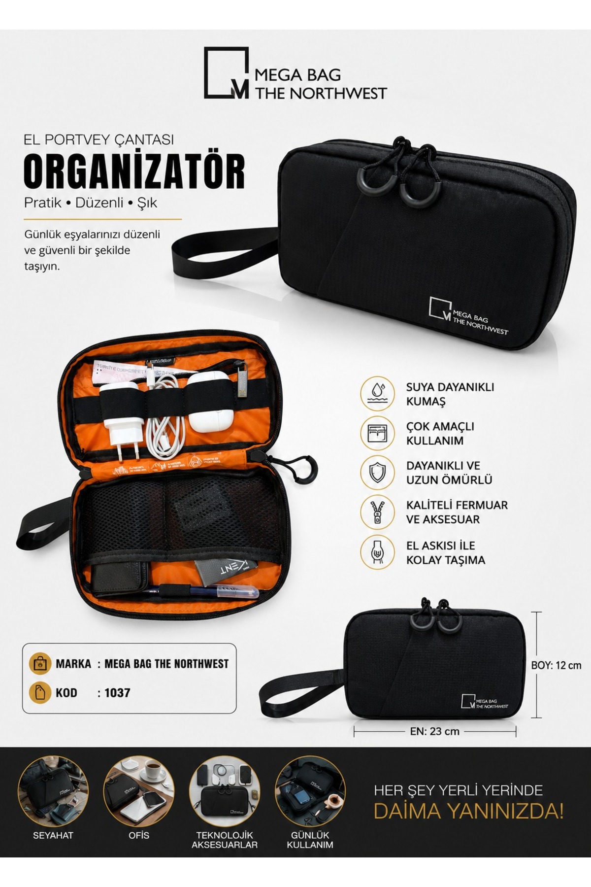 MEGA BAG THE NORTHWEST Unisex Kullanıma Uygun Çok Fonksiyonel Organizatör El Çantası En 23 Boy 12 görsel 5