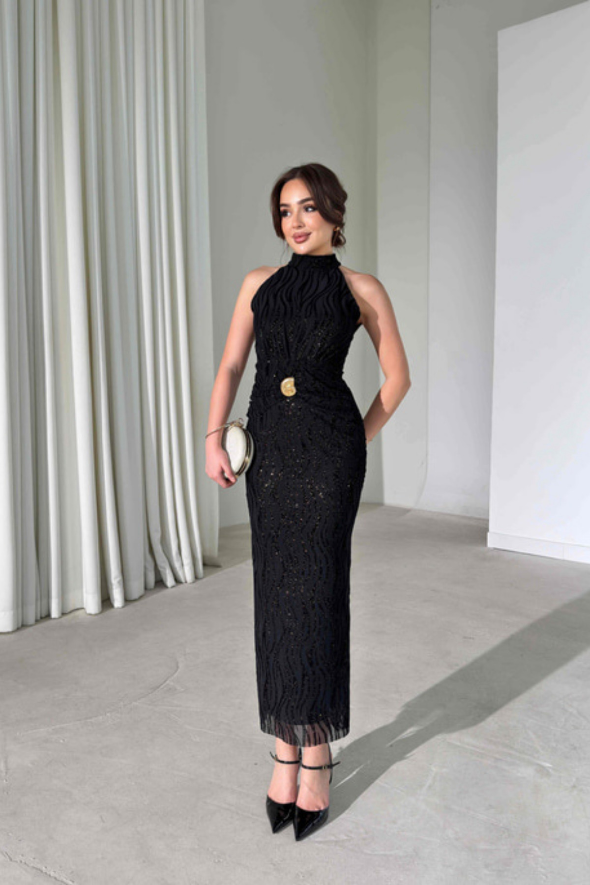 Women's Black Flock Print Tie Neck Glitter Detail Maxi Size Dress