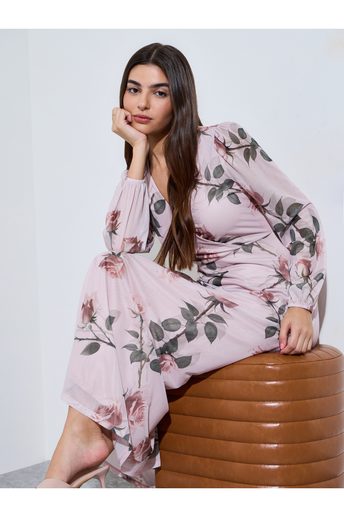 Styli Pink Floral V Neck Wrap Maxi Dress