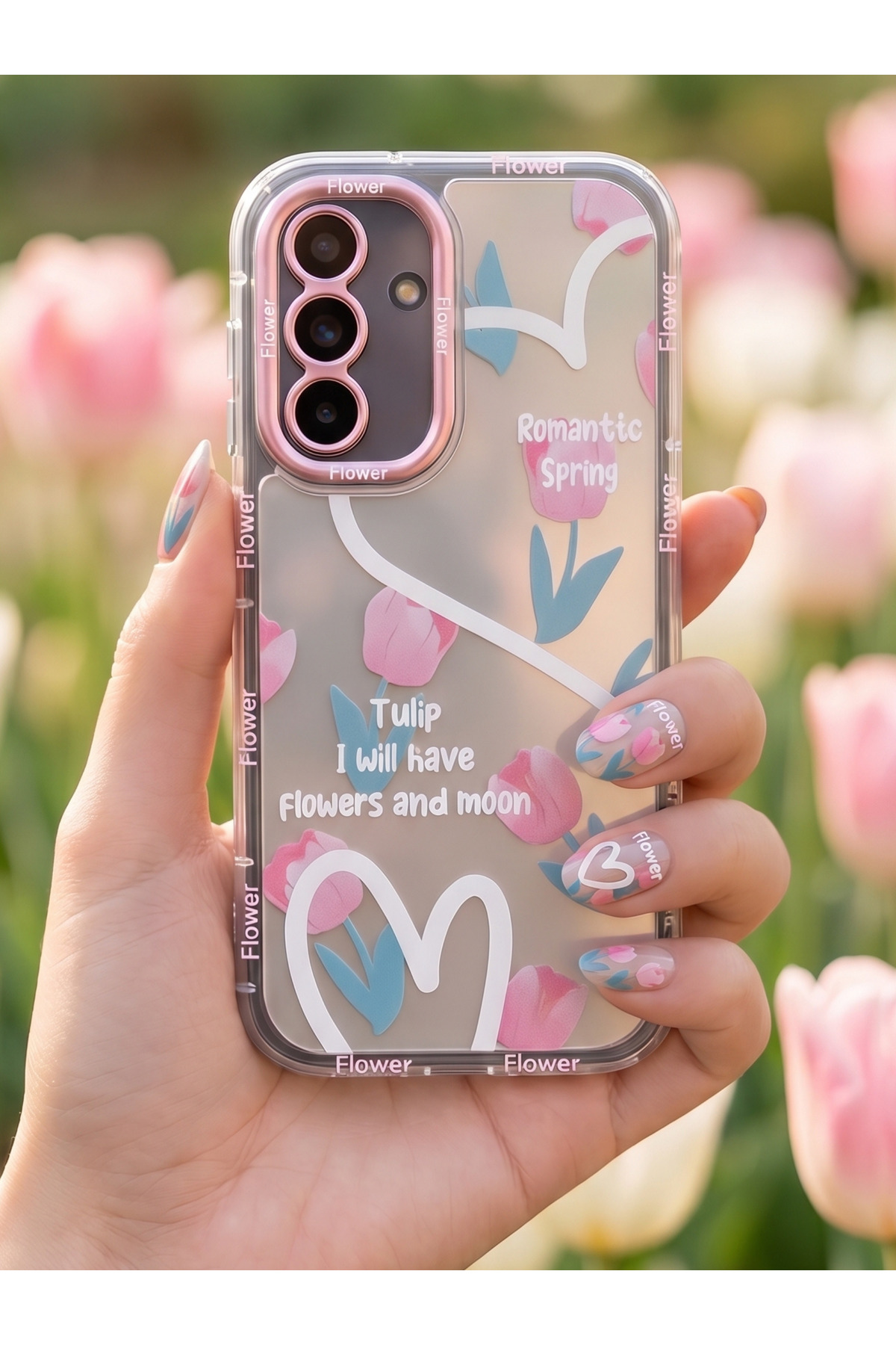 Samsung Galaxy S24 FE Compatible Case Camera Shielded Mirrored Flower Pattern Bright Luxury Color Hard Cover