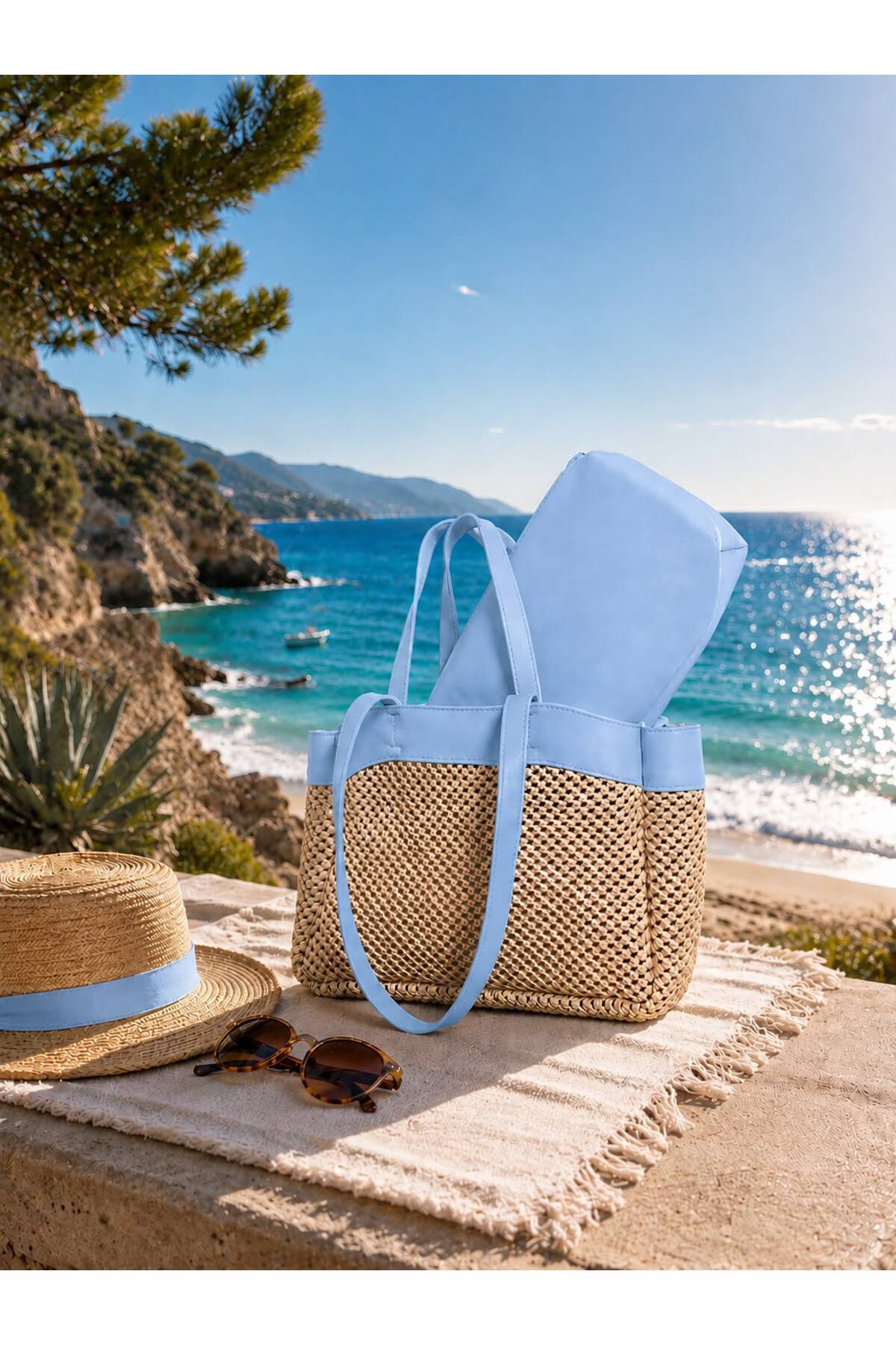 ValeriaBag Summer Time Plaj Çantası + Değerli Eşya Çantası Mavi görsel 5