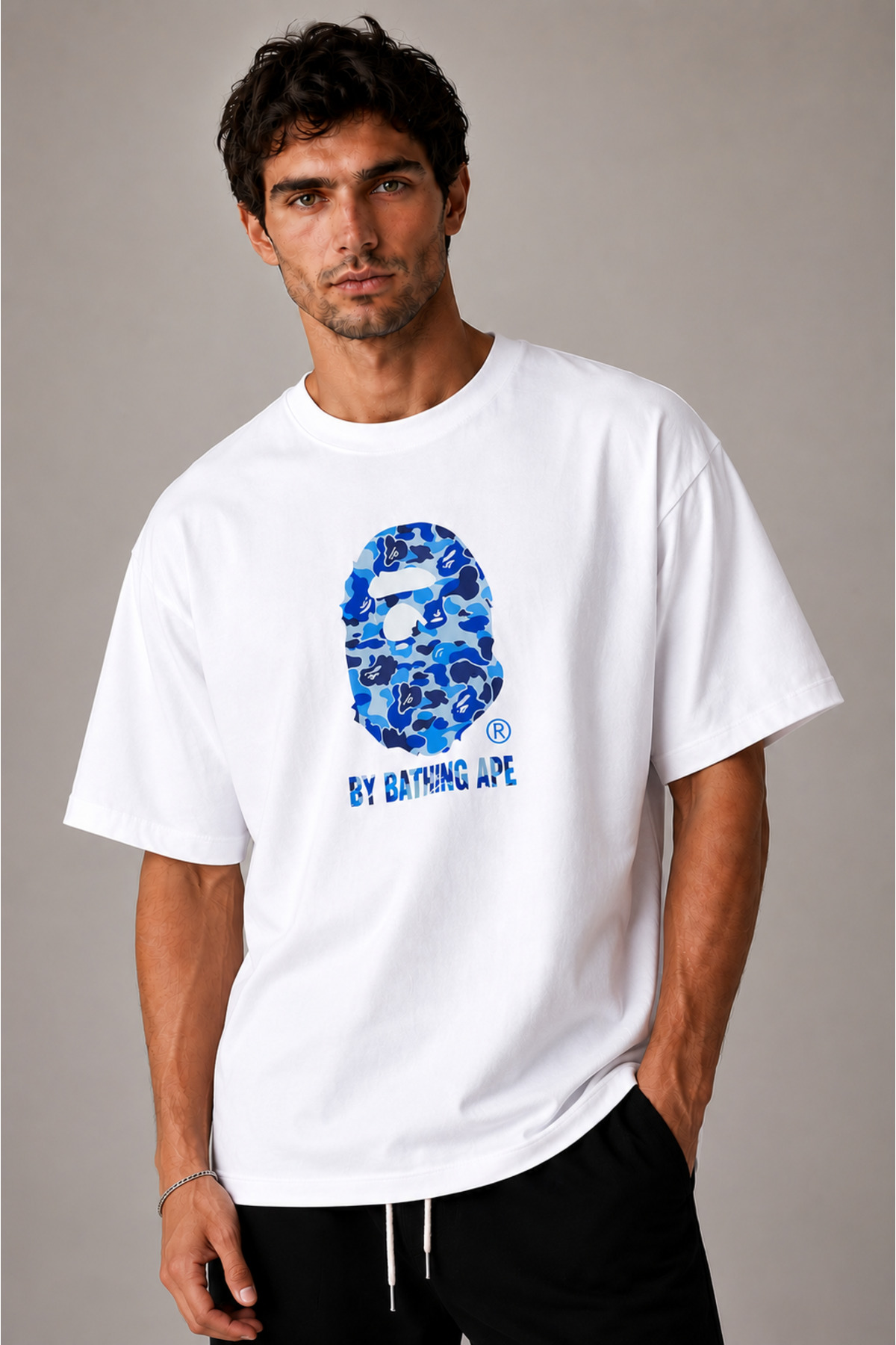 THE RULE Unisex Bathing Ape Mavi Baskılı Oversize %100 Pamuk Geniş Kesim Dokulu Bisiklet Yaka Beyaz T-Shirt görsel 5