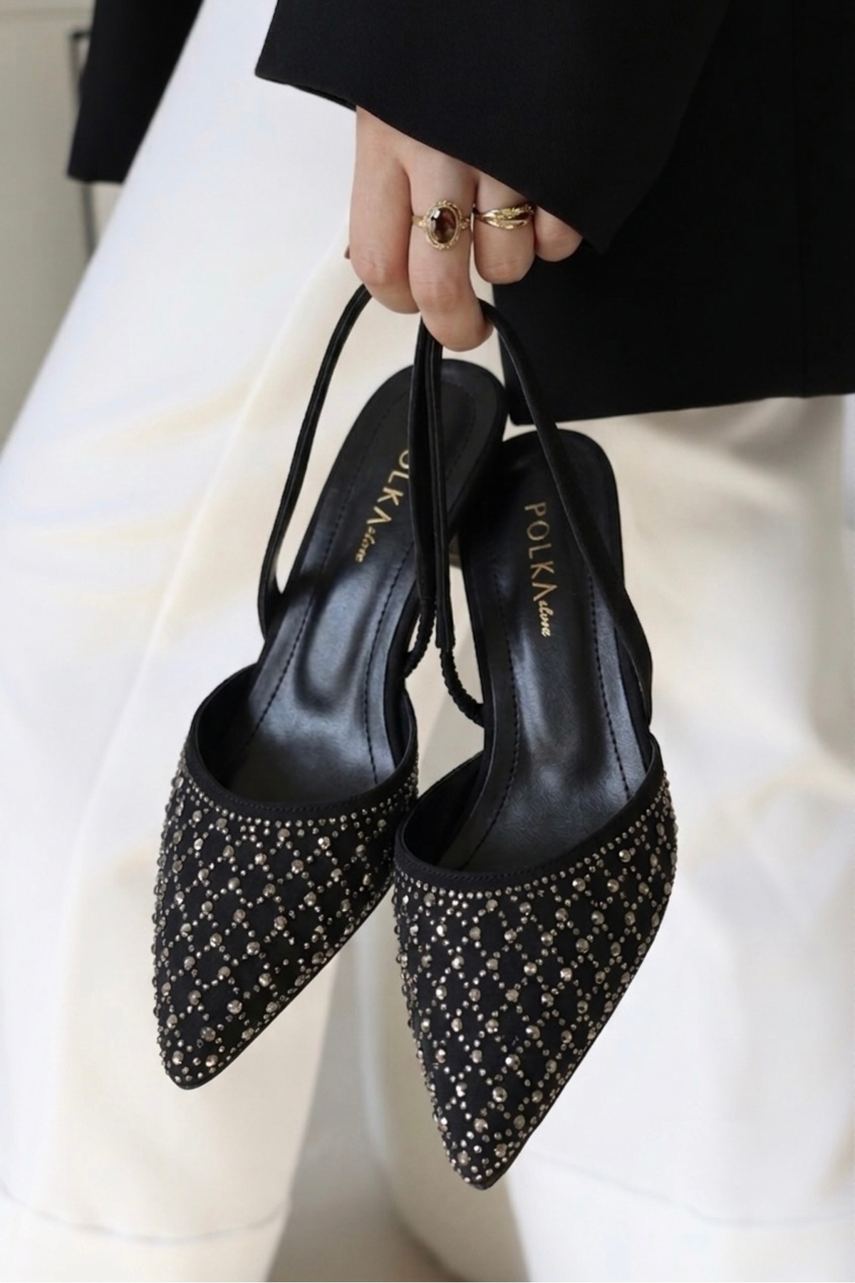 POLKA STORE Over Işıltılı Sivri Burun Arka Açık Stiletto Bantlı Abiye Kısa Topuklu Kadın Ayakkabı görsel 4