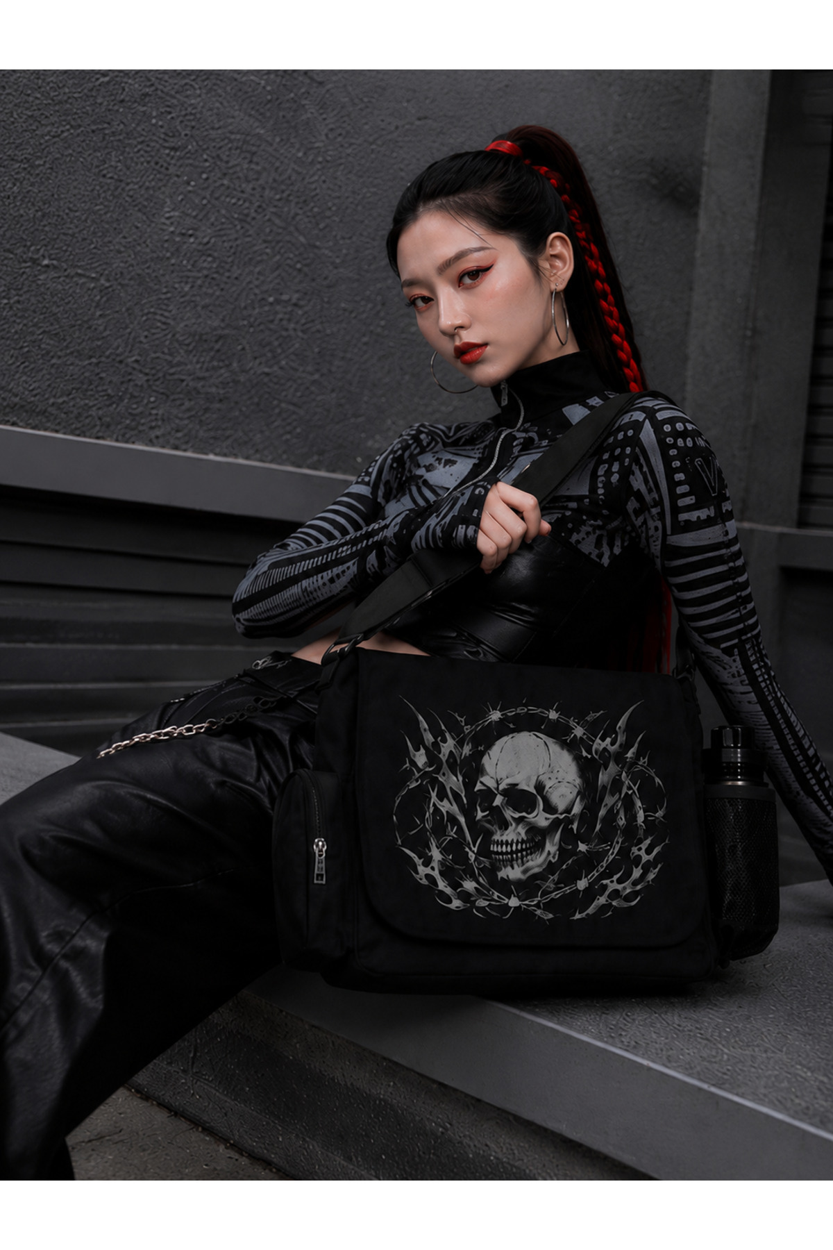 DEEFWEAR Skull Baskılı Unisex Siyah Messenger Bag Hacimli Postacı Çanta/ Laptop Çantası/ Okul Çantası