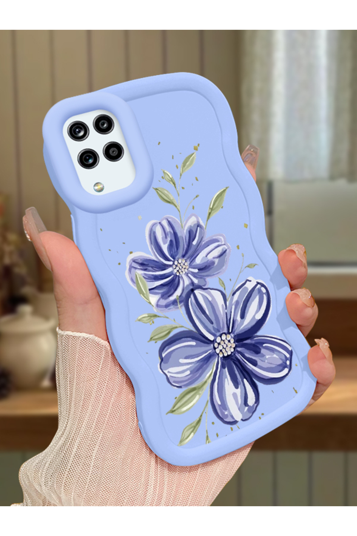 Samsung Galaxy M12 Compatible Case Camera Protector Blue Silicone Couple Phone Case Floral Pattern