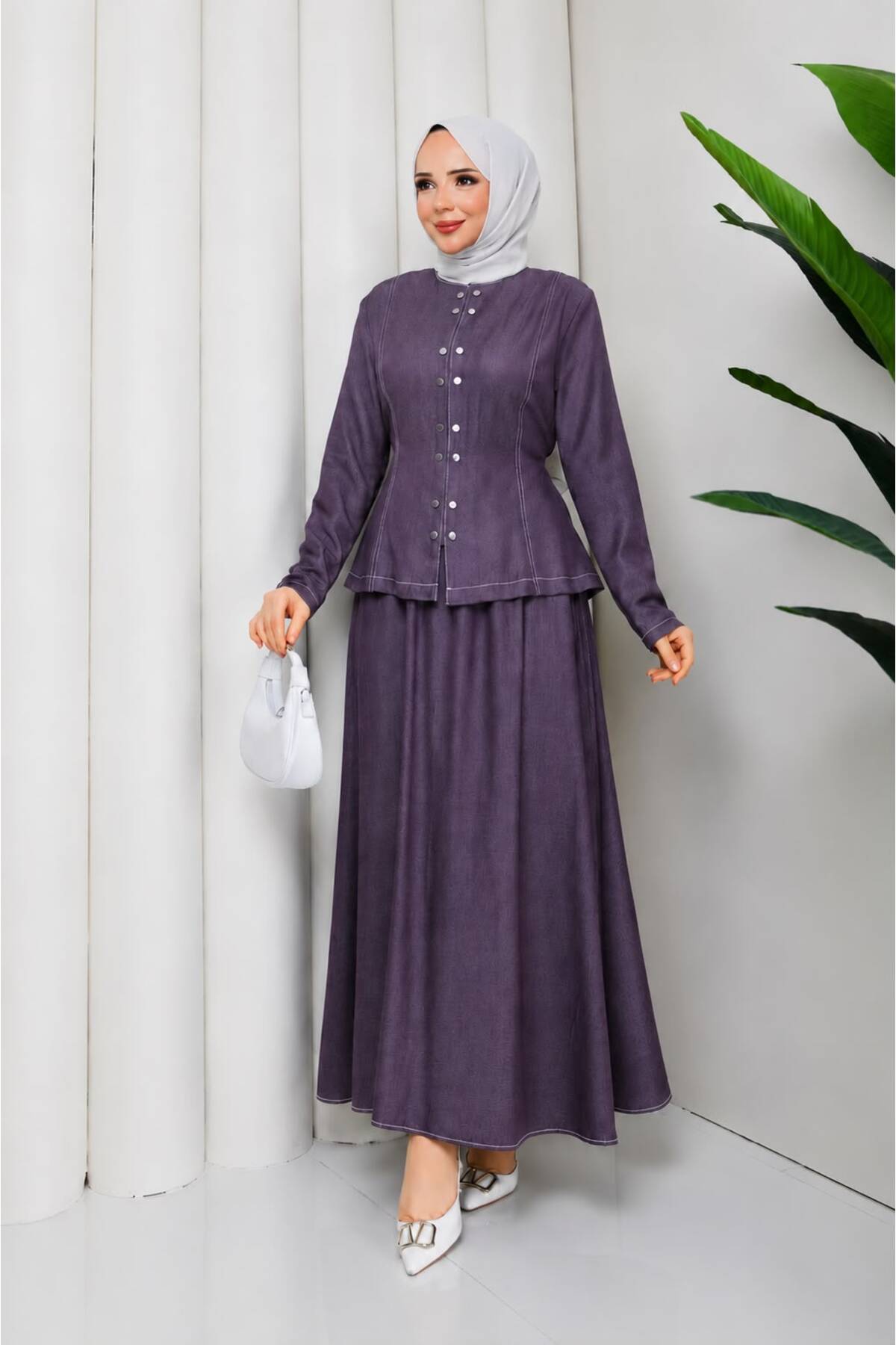 Denim Jeans Snap Fastener Shirt & Pocket Skirt Hijab Set RC9026