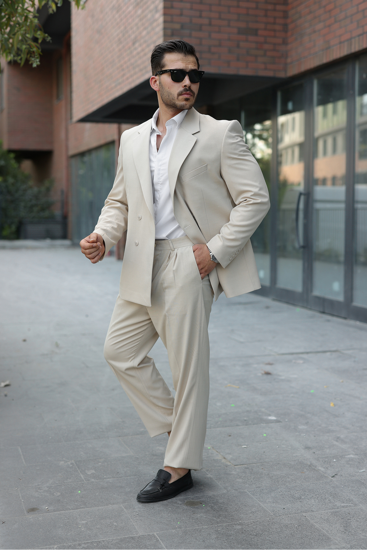 SABRİ ZENGİN Erkek Bej Oversize Kruvaze Takım Elbise