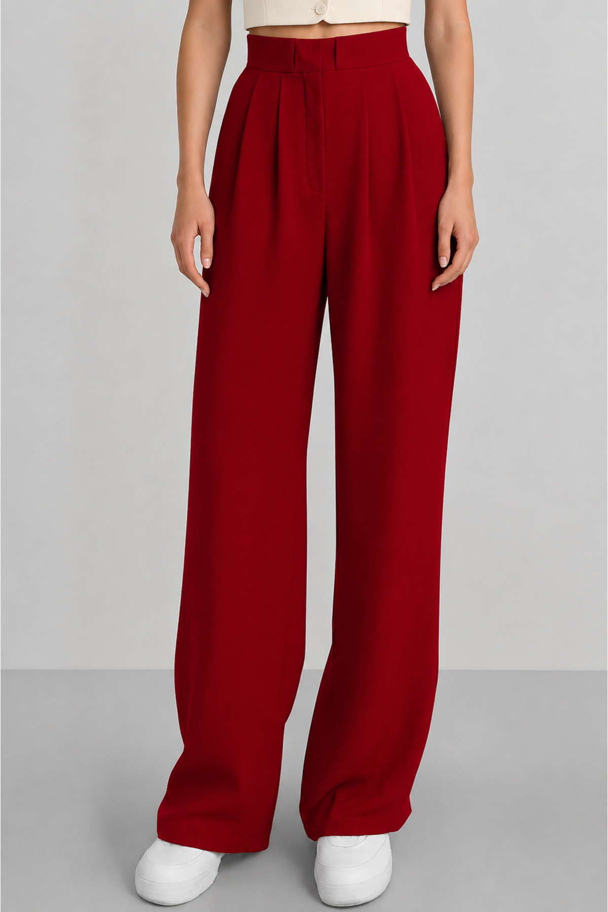 Women's Velcro High Waist Wide Leg Palazzo Trousers - Red