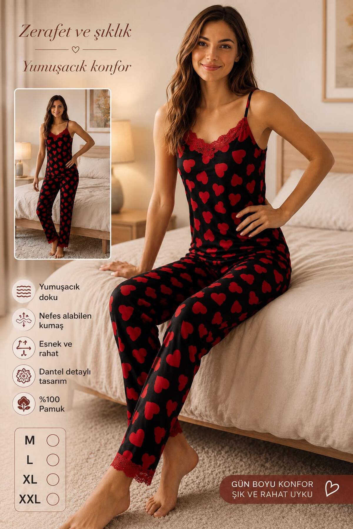 Gizem iç giyim Top and Bottom Pajama Set Soft Lace Detail Quality