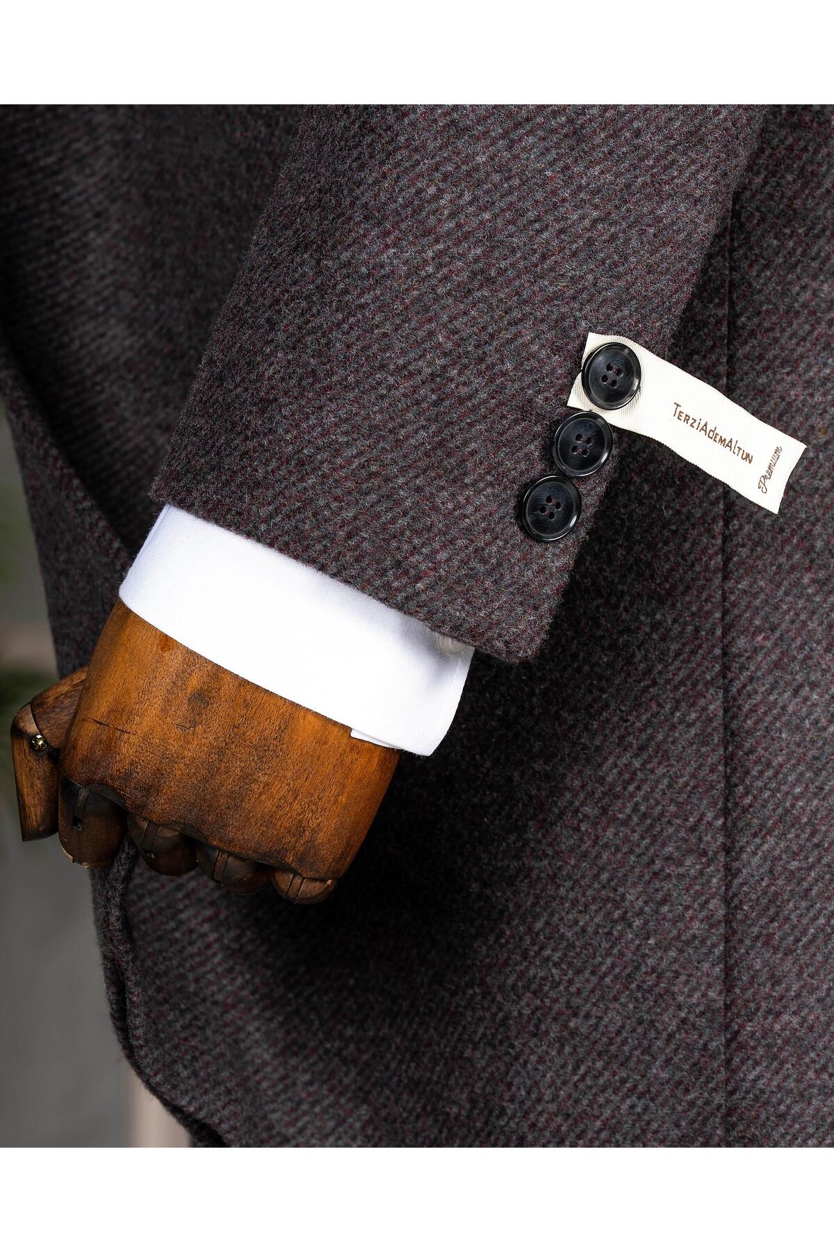 TerziAdemAltun İtalyan stil slim fit kruvaze kaşe yan cepli erkek kaban bordo T15032 görsel 6