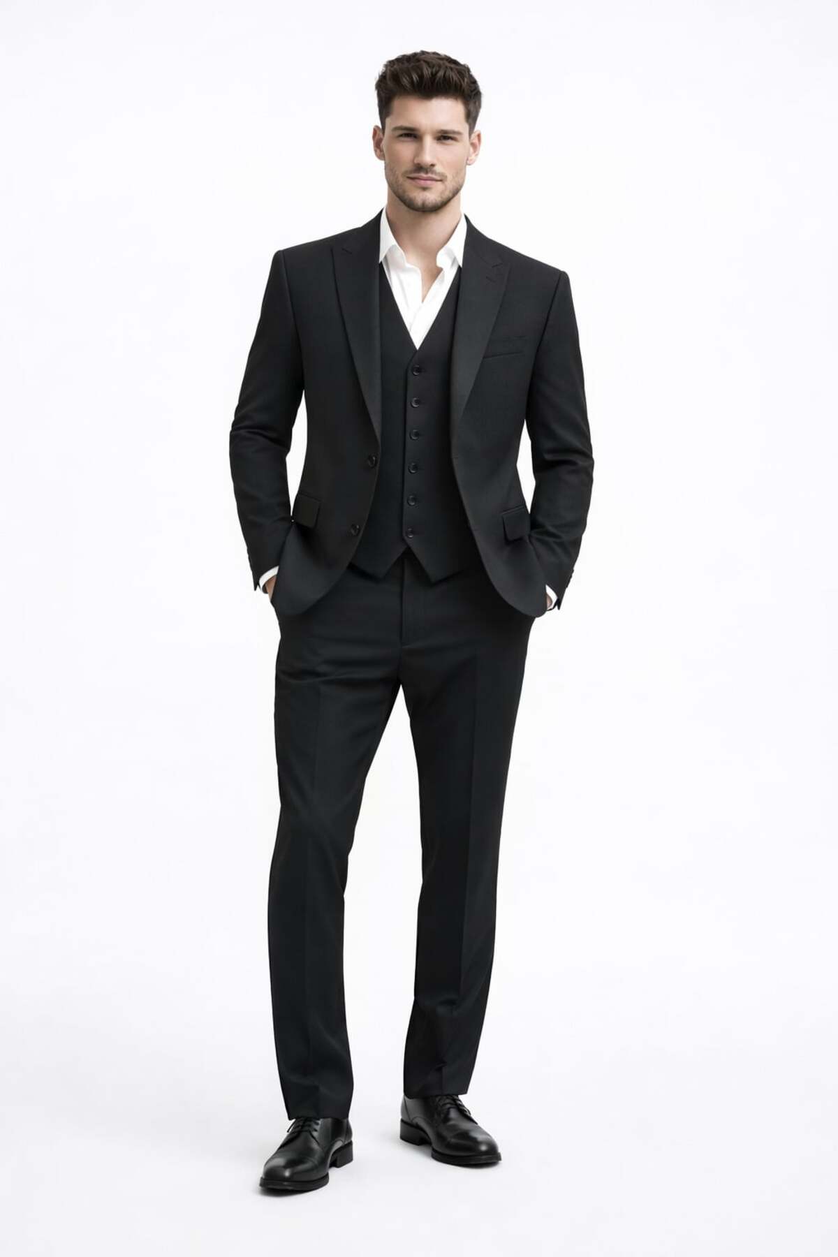 کت و شلوار پارچه ای Slimfit مردانه با جلیقه 3011 — مشکی E25MÖZSRN3011TKM — تصویر 3 از 5