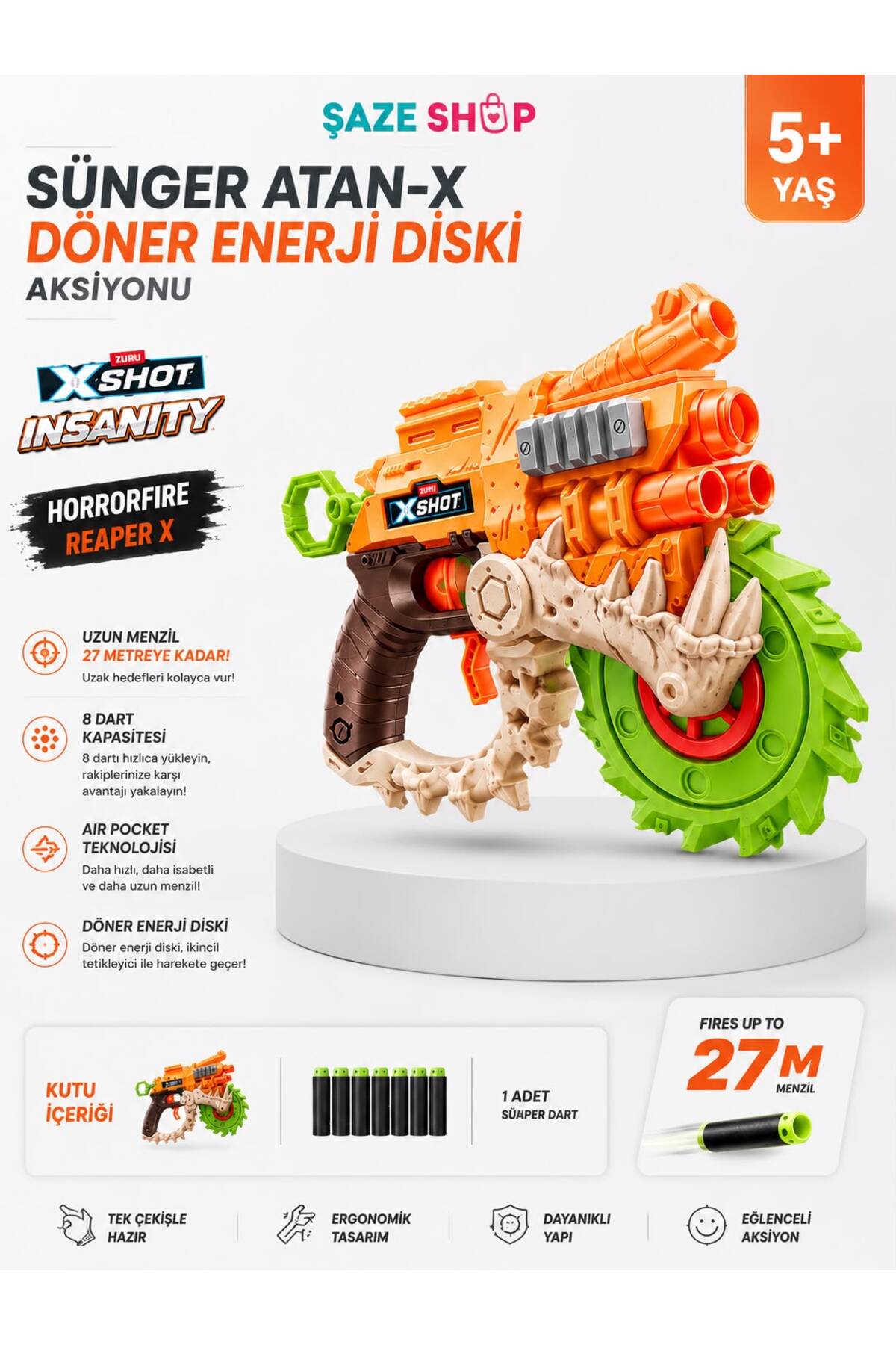 SAZE XSHOT Insanity Reaper X Döner Enerji Diskli Sünger Dart Atıcı