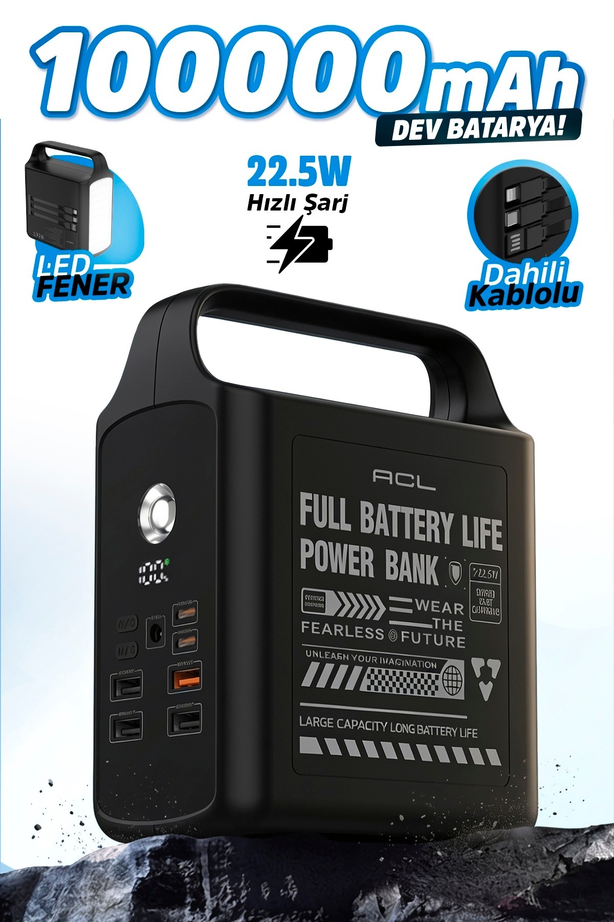 ACL PW-155 100.000mAh Taşınabilir Enerji İstasyonu Powerbank 22.5W Hızlı Şarj | Dahili Lightning + T