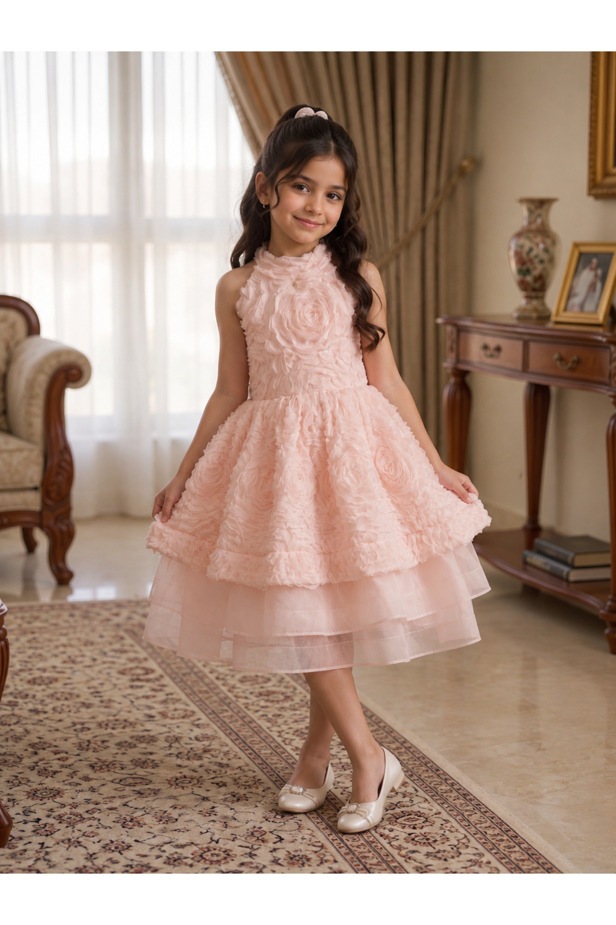 Luxury Girls Light Pink Party Dress with 3D Rose Design & Three-Layer Princess Dress