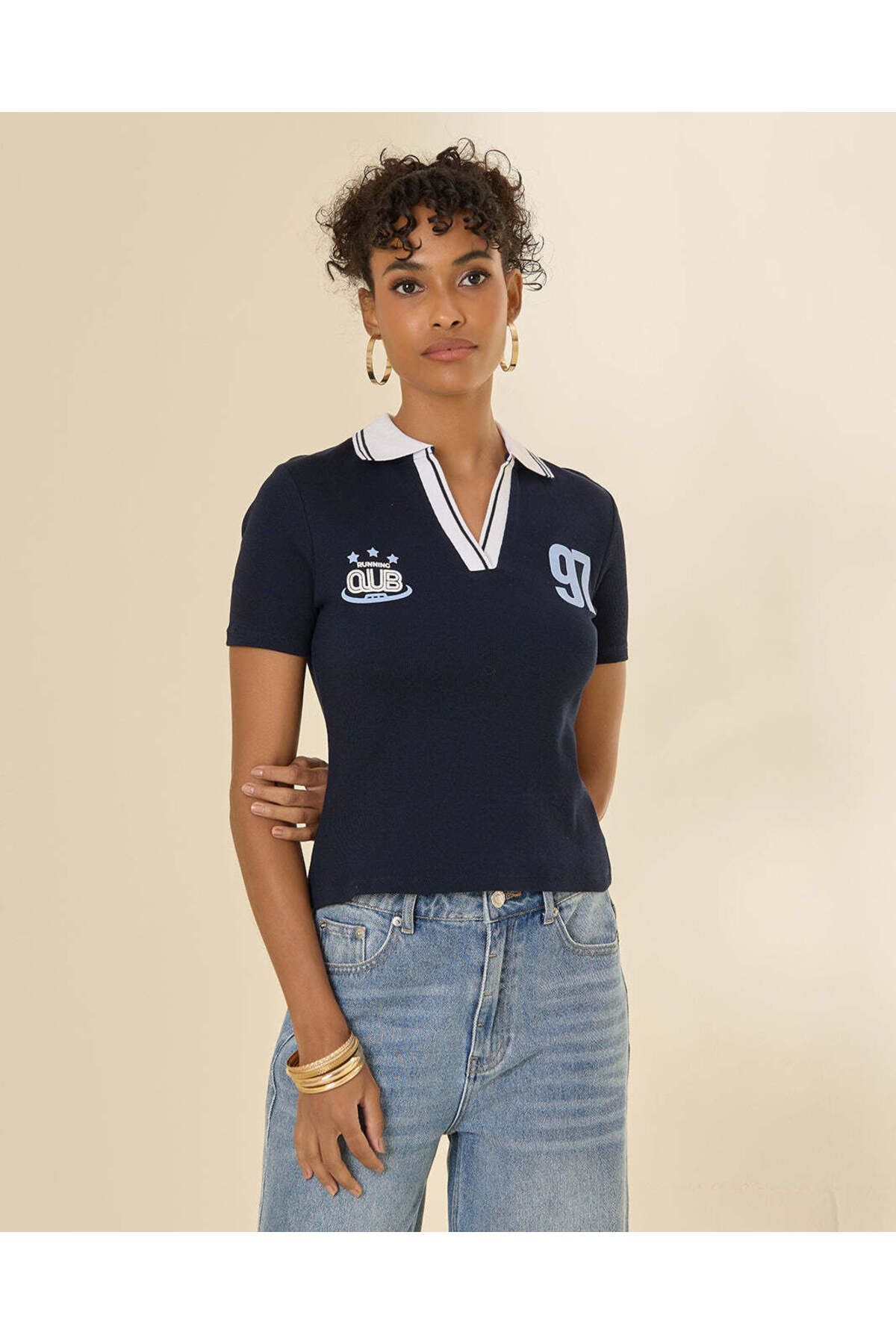 REDTAG Women Blue Contrast Collar Rib Active Polo T-Shirt