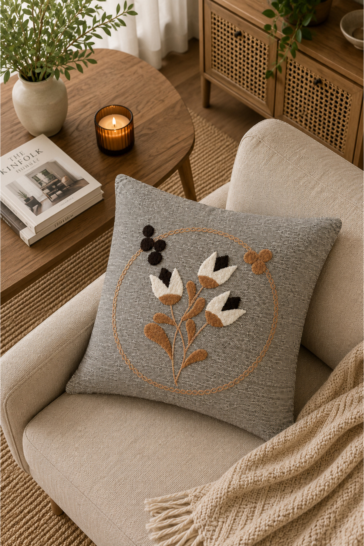 Dekoratif Punch Kırlent Kılıfı Keten Kumaş Gizli Fermuarlı 43x43