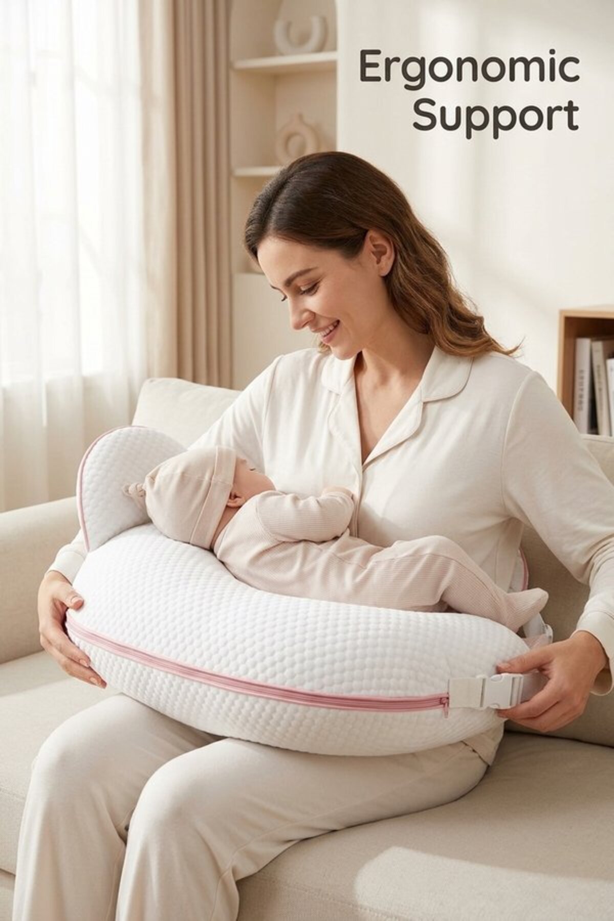 وسادة رضاعة مريحة من البوليستر مع حزام قابل للتعديل لدعم الذراع والظهر ومضادة للانزلاق