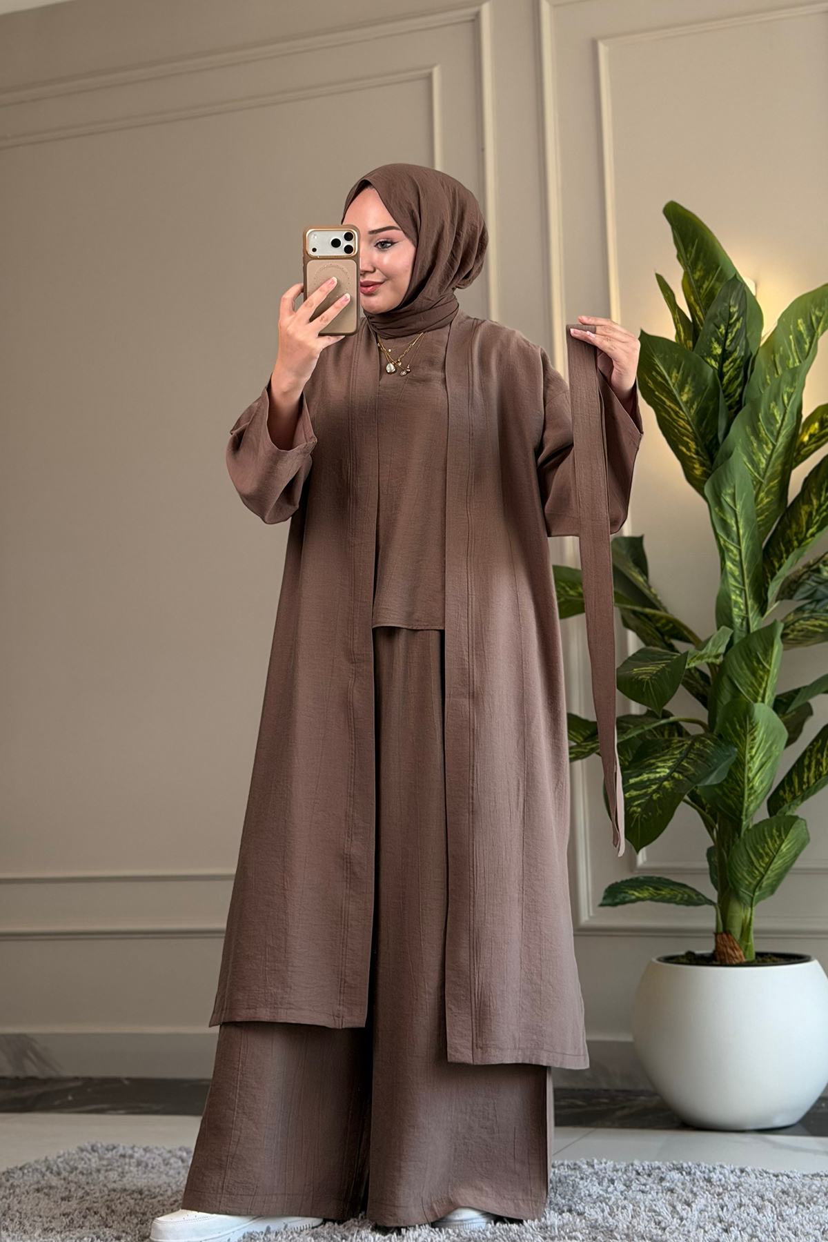 Suede Style 6344 - Stylish and Comfortable Viva Casual Women's Cap Tunic Trousers 3-Piece Set with Waist Tie Detail