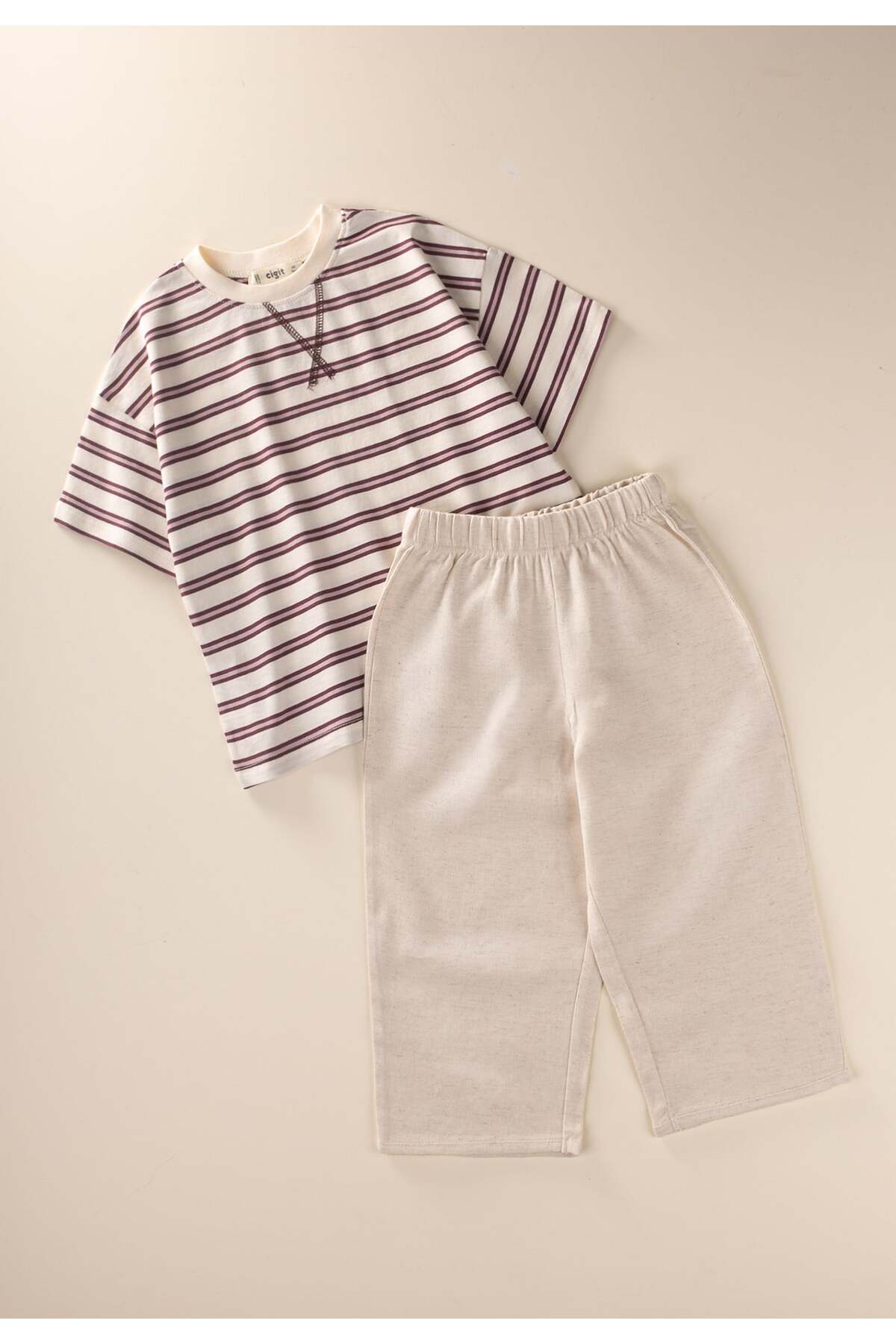 Cigit Oversize T-Shirt Wide Cut Pants Set 2-10 Years Old Plum Striped