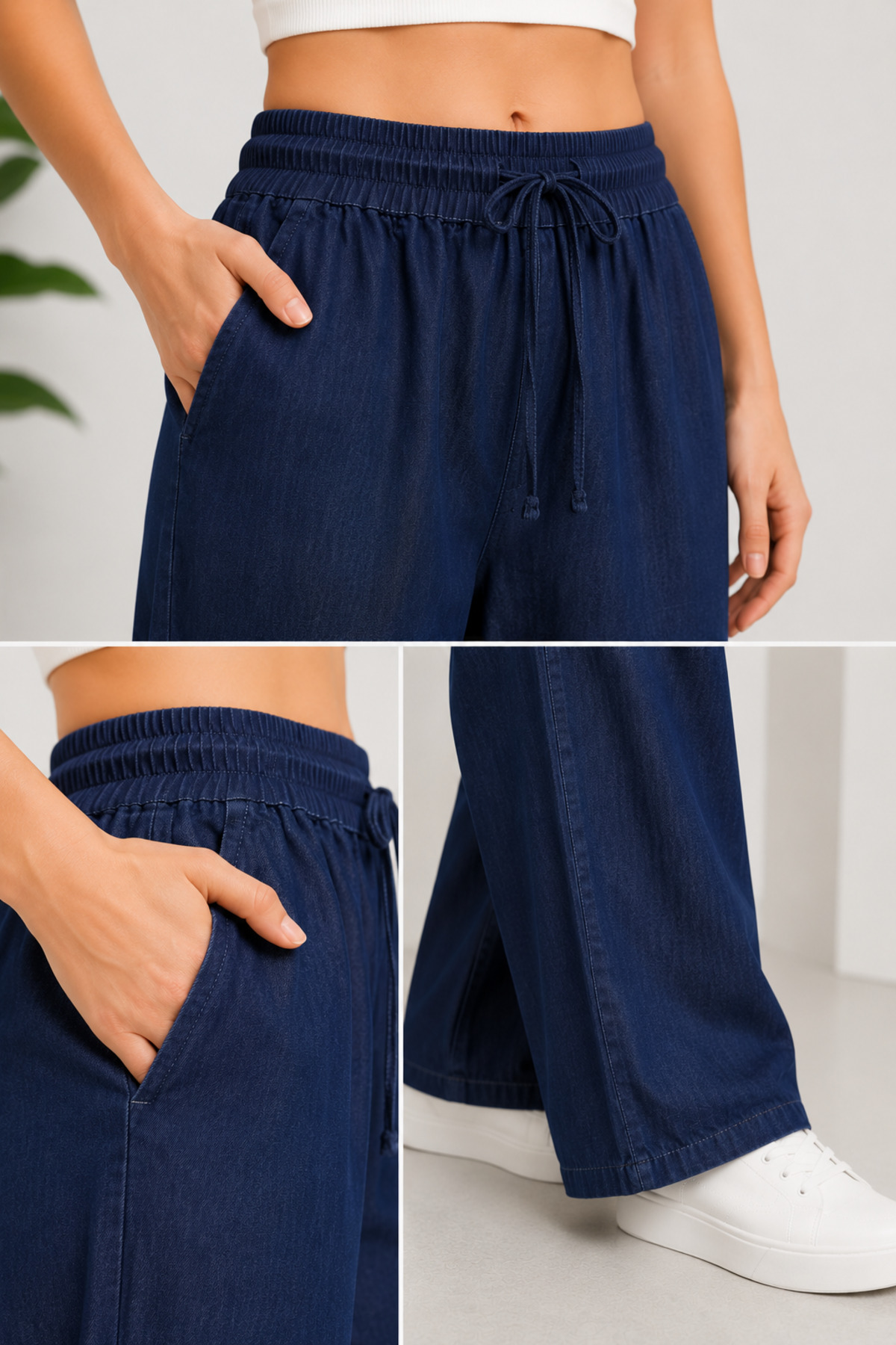 Lighter Jeans Kadın Tensel Jean Pantolon Beli Lastikli Bağcıklı Rahat Kalıp Dökümlü Günlük Kot Pantolon görsel 6