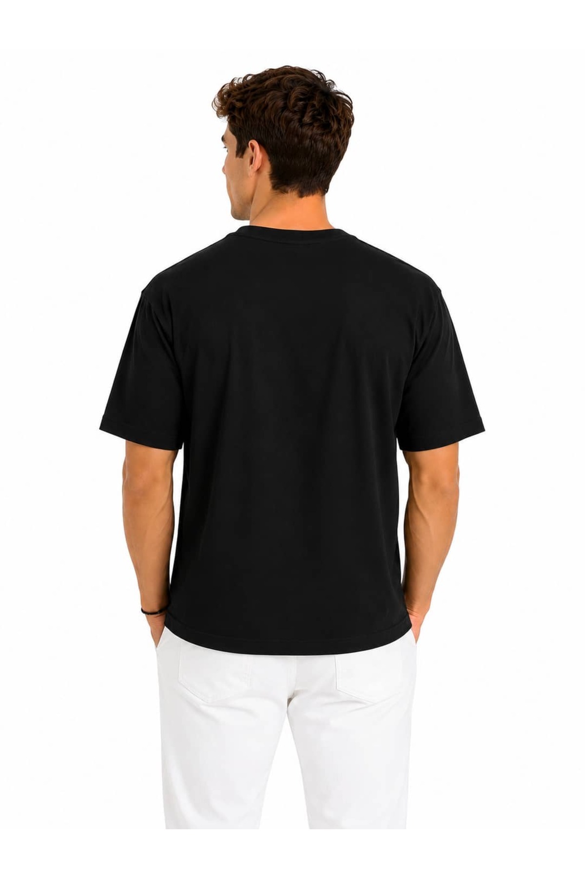 Vasto Moda Erkek Oversize Kalın Dokulu %100 Organik Pamuk Bisiklet Ribana Yakalı Siyah T-Shirt görsel 4
