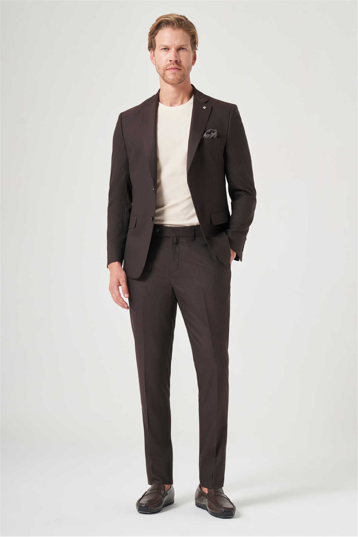 İmza Kahverengi-Antrasit Mono Yaka Çizgili 6 Drop Slim Fit Tam Astar Esnek Takım Elbise 1001260901