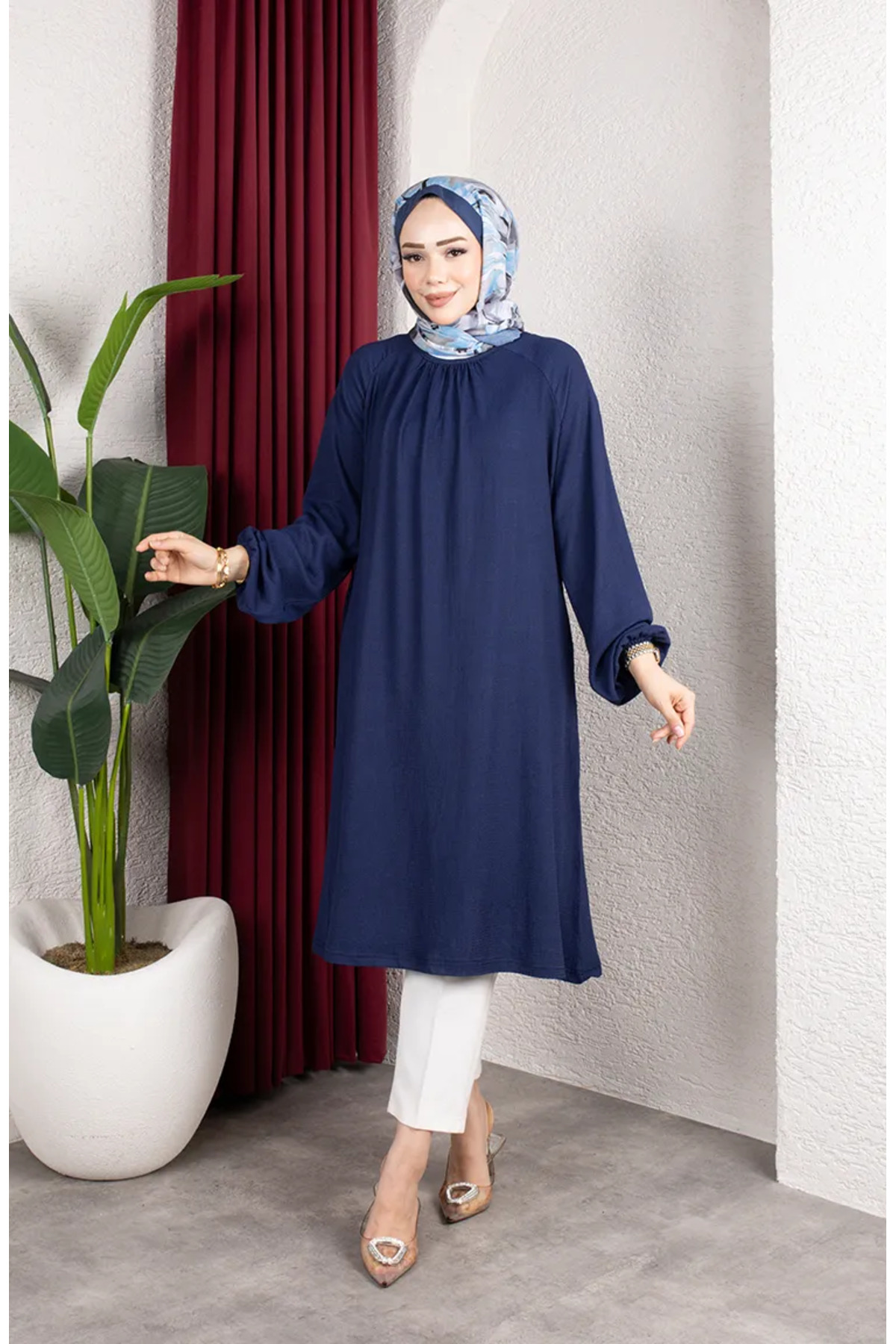 sefamerve Bürümcük Kumaş Reglan Kol Uzun Tunik 0902-05 Lacivert görsel 2