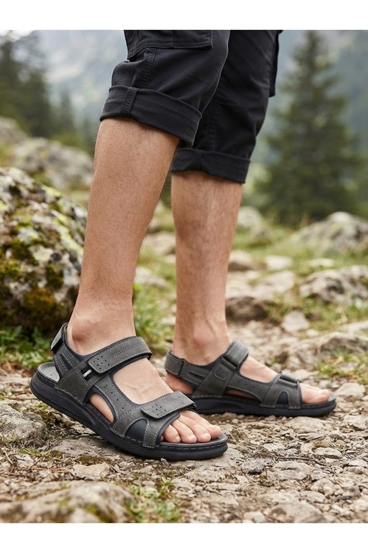BENTO Titan Comfort Erkek Suni Deri Anatomik Taban Cırt Cırtlı Günlük Sandalet Terlik görsel 2