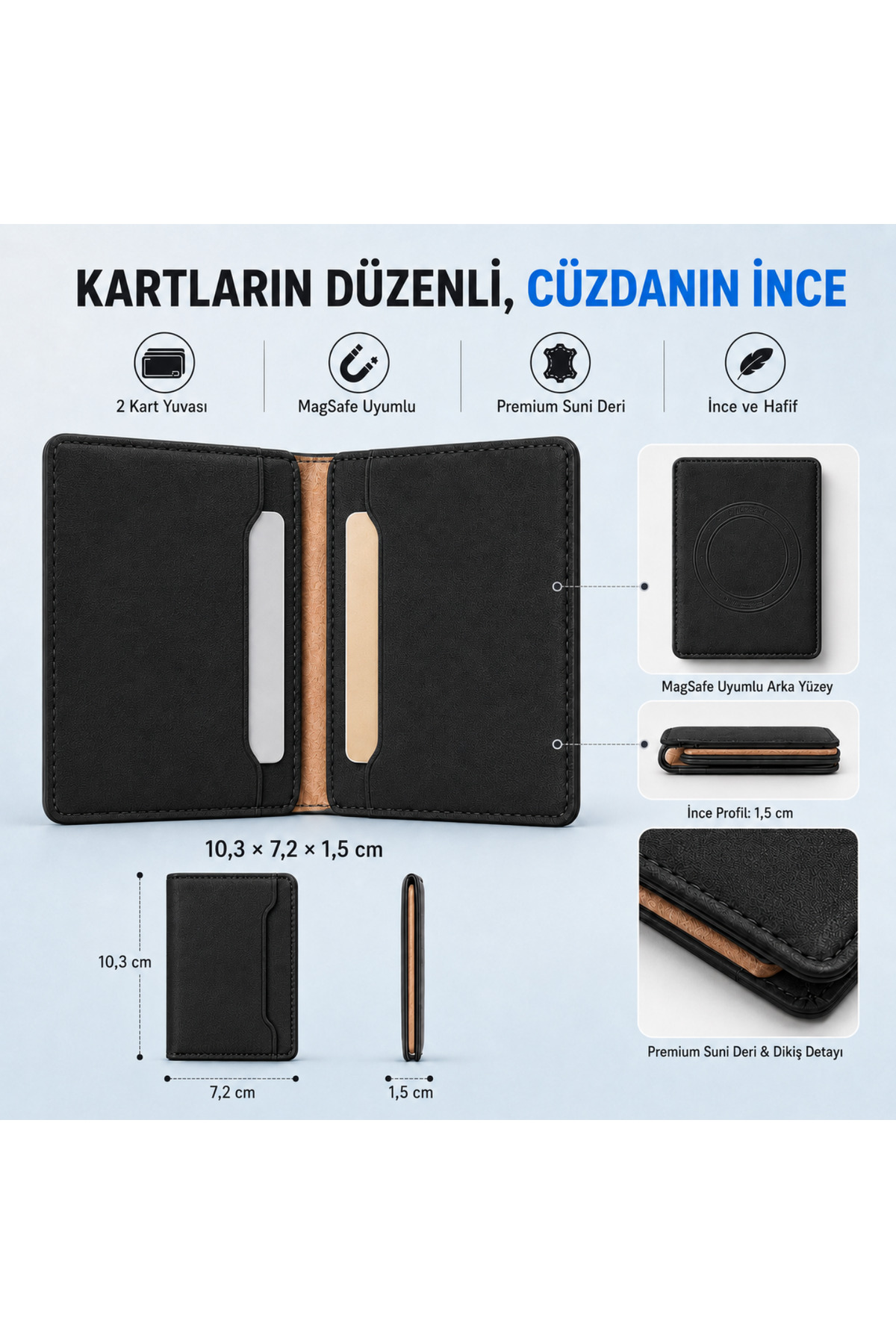 Ayers Premium Erkek İki Katlı MagSafe Uyumlu Manyetik Kartlık Cüzdan, 2 Kart Yuvalı, İnce ve Hafif Premium Suni Deri Telefon Arkası Kart Cüzdanı görsel 2