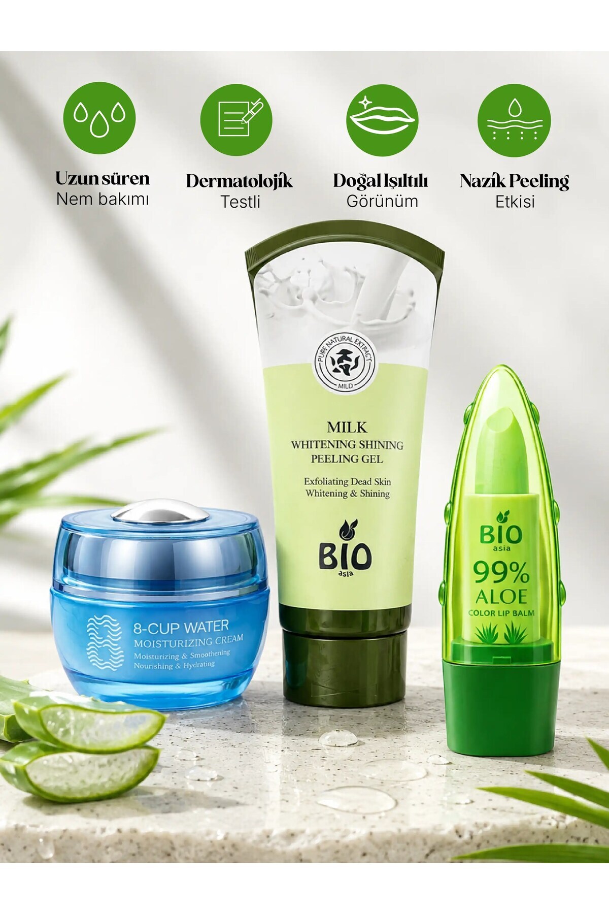 Cilt Bakım Seti 3'lü - 8-Cup Nemlendirici Krem + Süt Peeling Jeli + Pembe Lip Balm — BIO-SET2 — تصویر 6 از 6