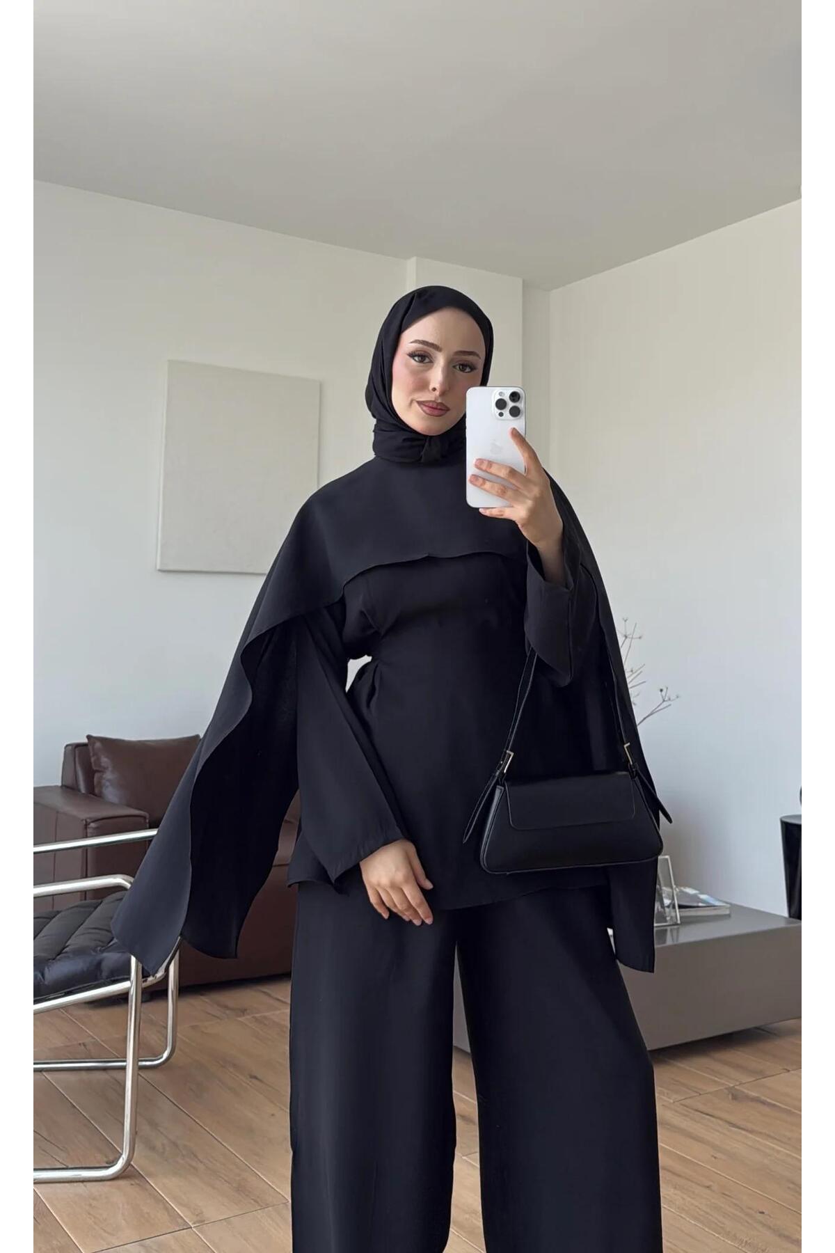 YUNAKI Pelerin Detaylı & Tesettür Giyim & Kadın İkili Tesettür Takım & Alt Üst Pantolon İkili Takım görsel 4