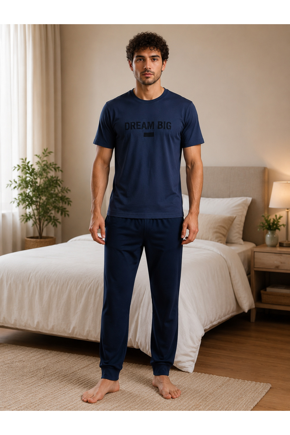 Pijamask Erkek Lacivert Dream Big Baskılı Pamuklu Uzun Pantolonlu Pijama Takımı Rahat Ev Giyim görsel 2