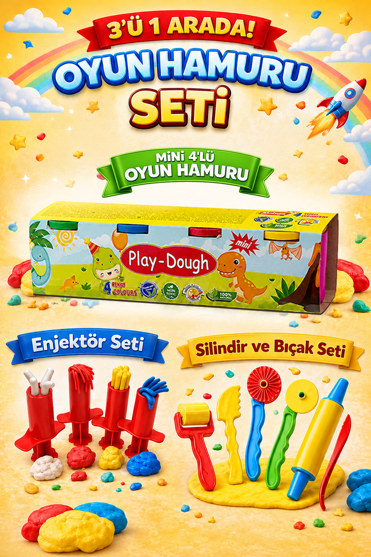 HEROES DOUGH 3'ü 1 Arada Oyun Hamuru Seti - Enjektör Seti - Silindir ve Şekillendirme Seti - 4'lü Mini Oyun Hamuru