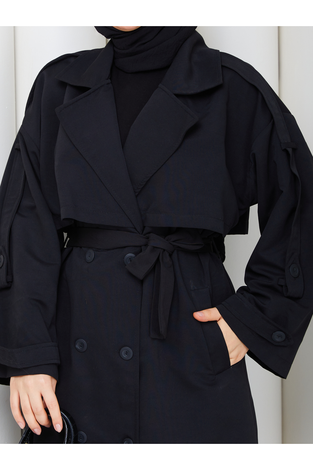 RACE FASHİON Kadın Oversize Düğmeli Tesettür Trençkot RC3111 görsel 8