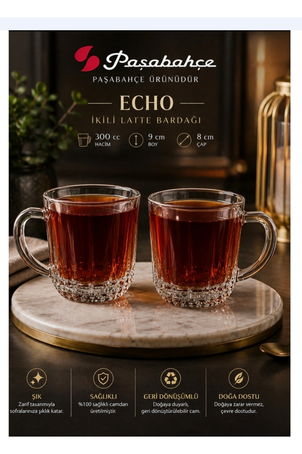 ماگ چای شیشه‌ای ECHO 2 لیتر Latte با کیفیت جدید 300 سی‌سی، ارتفاع 9 سانتی‌متر و قطر 8 سانتی‌متر، محصولی شیک