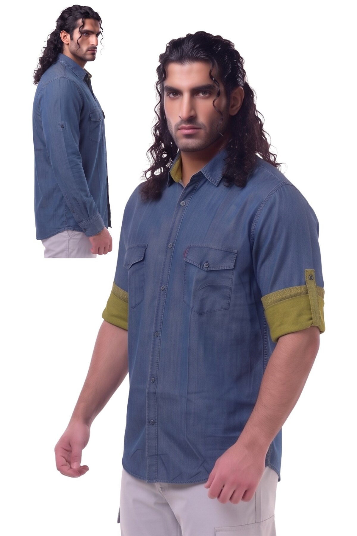 marufshop Erkek Büyük Beden 120-160 Kilo Arası İçin Uygun Katlanabilir Uzun Kol % 100 Pamuk Cepli Kot Gömlek İndigo görsel 2