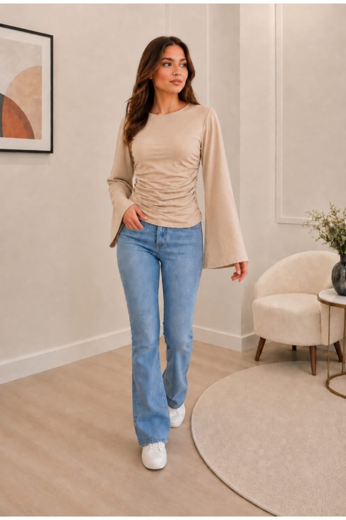 HR New Days Blouse with Spanish Sleeves and Gathered Detail on the Sides, Viscose Fabric