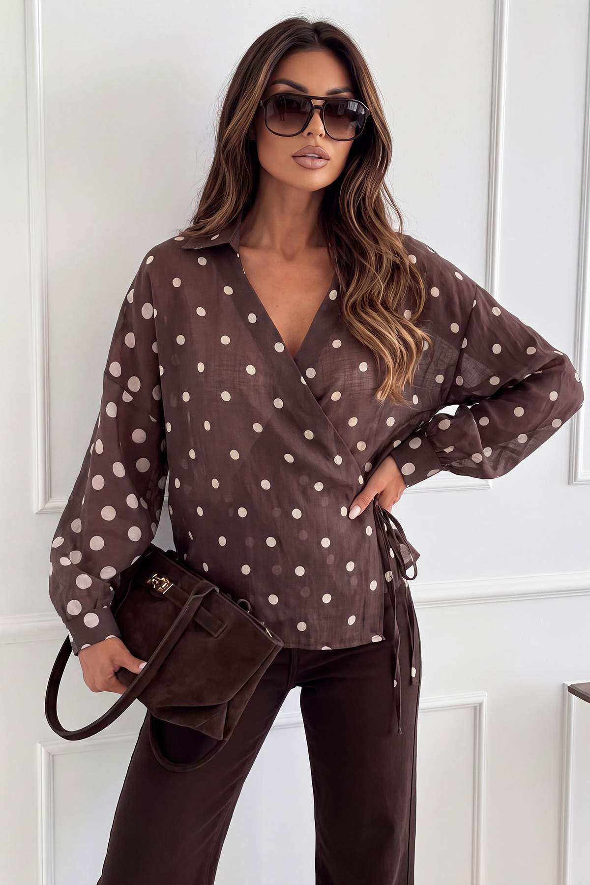 Trendyol Collection Brown Polka Dot Summer Tie-Up Transparent Shirt Twoss26Go...