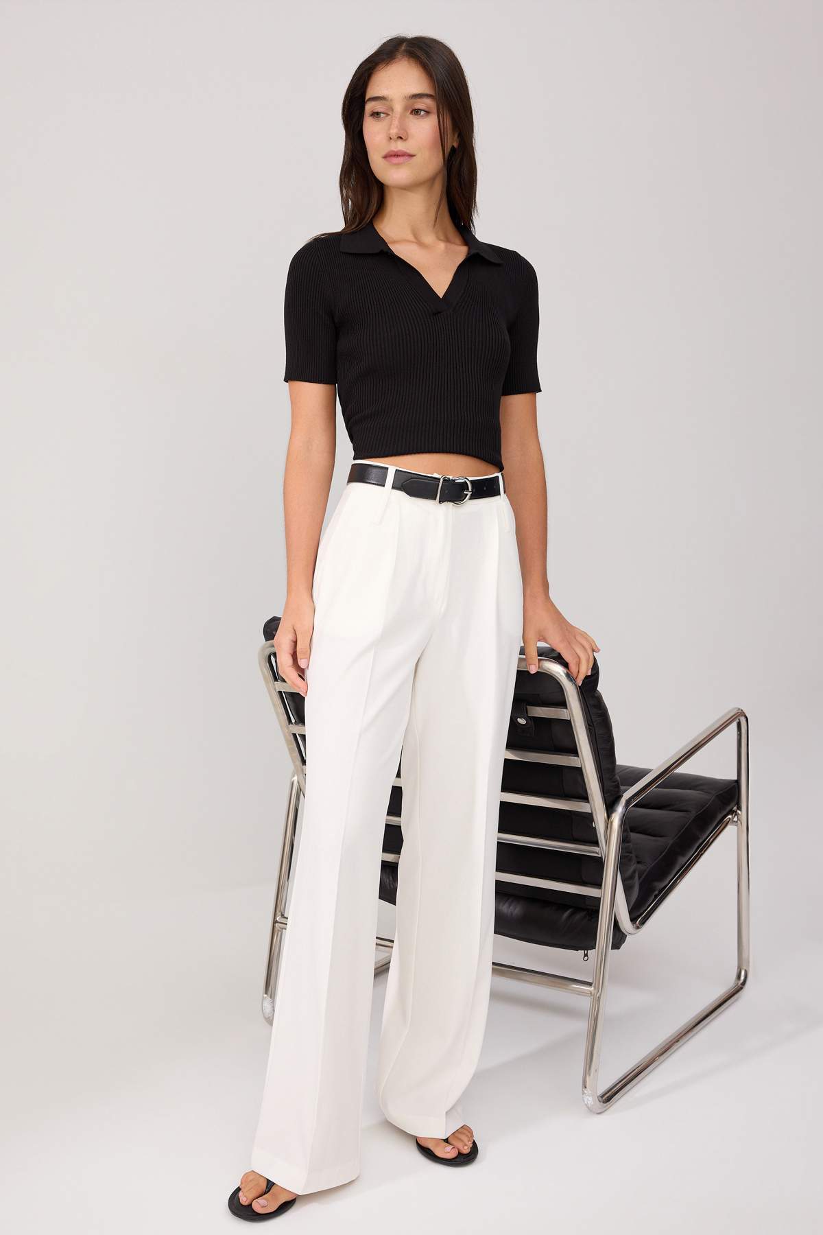 Limited Edition Beyaz Wide Leg Kemerli Dokuma Kumaş Pantolon TWOSS24PL00104