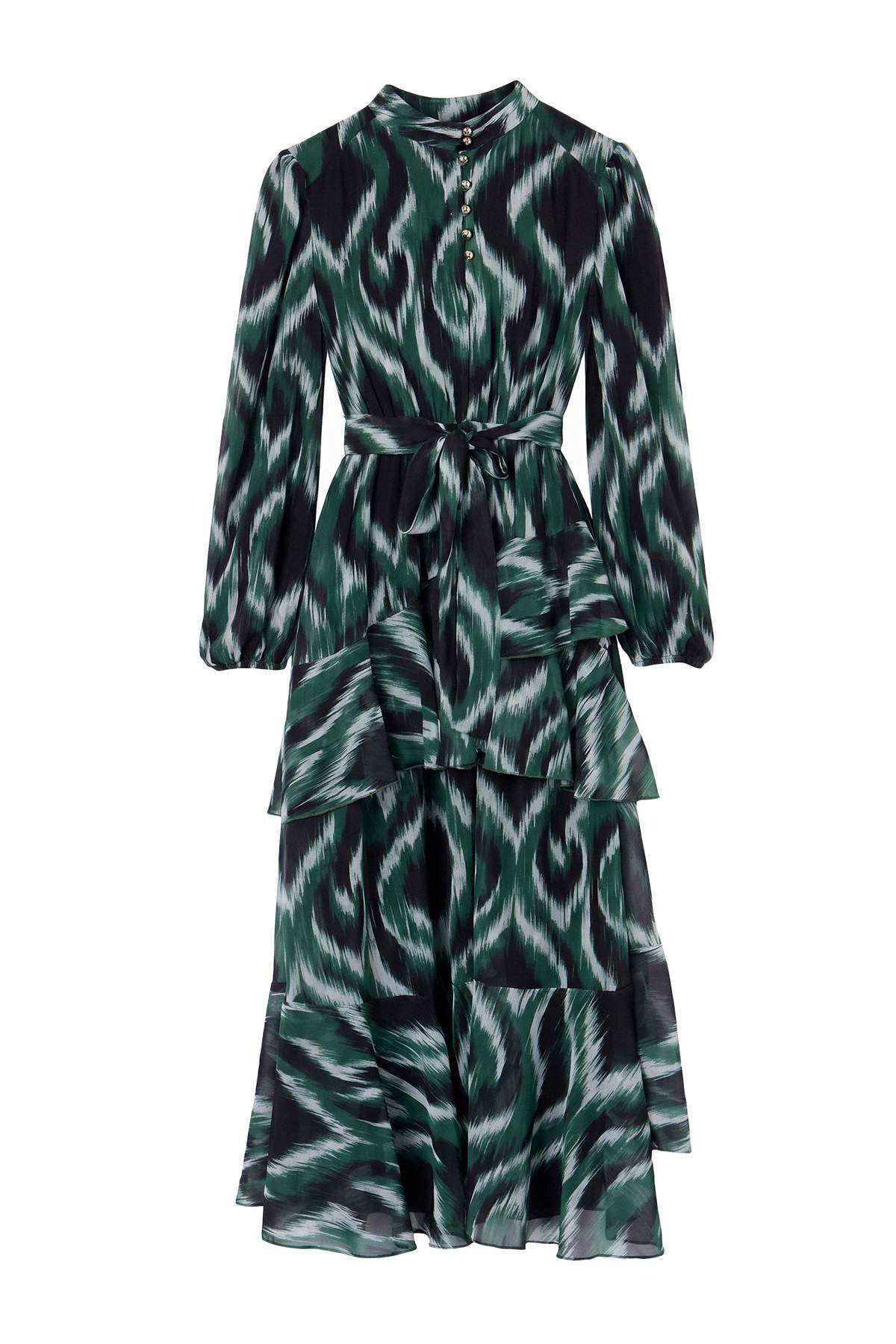 Trendyolmilla Modest Yeşil-Çok Renkli Geometrik Dik Yaka Shift/Düz Kesim Maxi Dokuma Şifon Tesettür Elbise TCTAW26EB00043