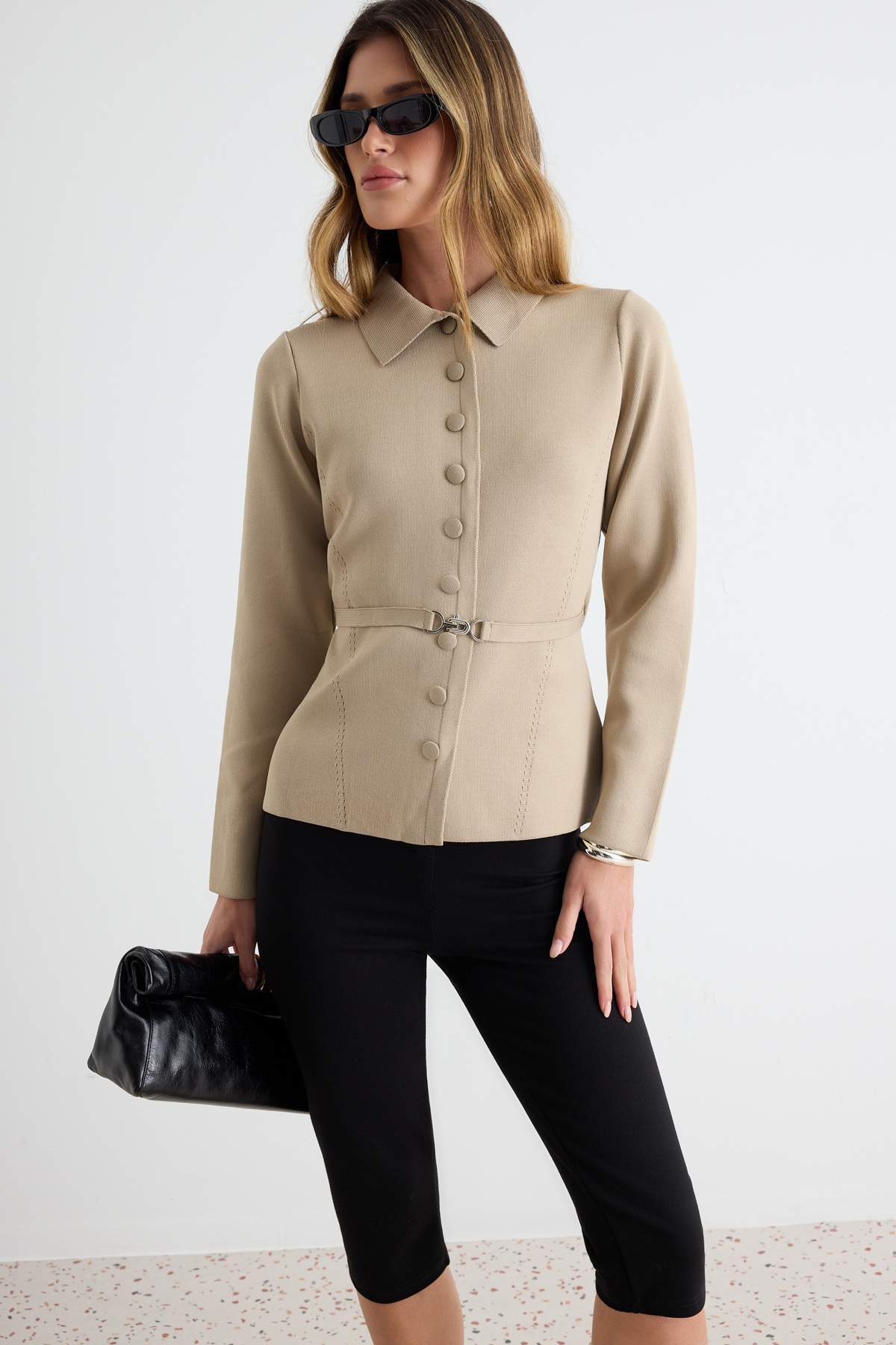 Trendyolmilla Vizon Kemerli Polo Yaka Triko Hırka TWOAW26HI00131