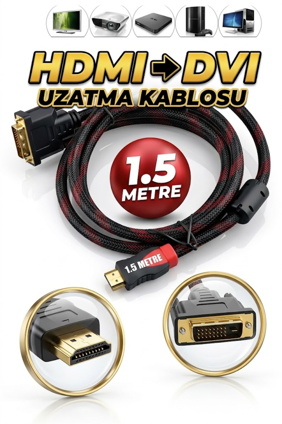 1.5 Metre 1.5mt Hdmi To Dvi 24+1 Çift Yönlü Full HD 1080P Çevirici Dönüştürücü Monitör Kablosu Dual Link DVI-D (24+1) Konnektörlü Kablo