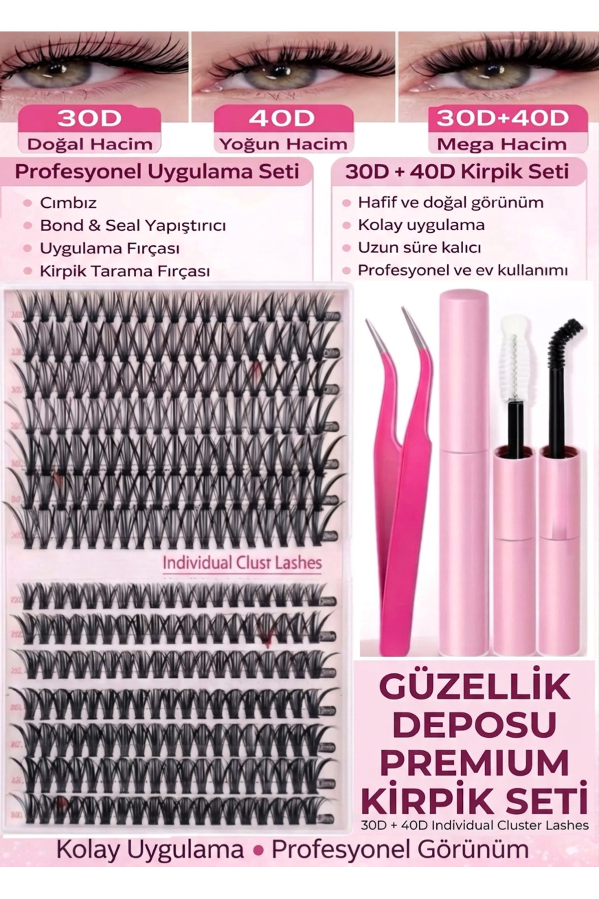 Güzellik Deposu Takma Kirpik Seti -40D - 60D (10-16mm) Yapıştırıcı, Sabitleyici, Çıkarıcı ve Cımbız Full Set - Fiyatı, Yorumları