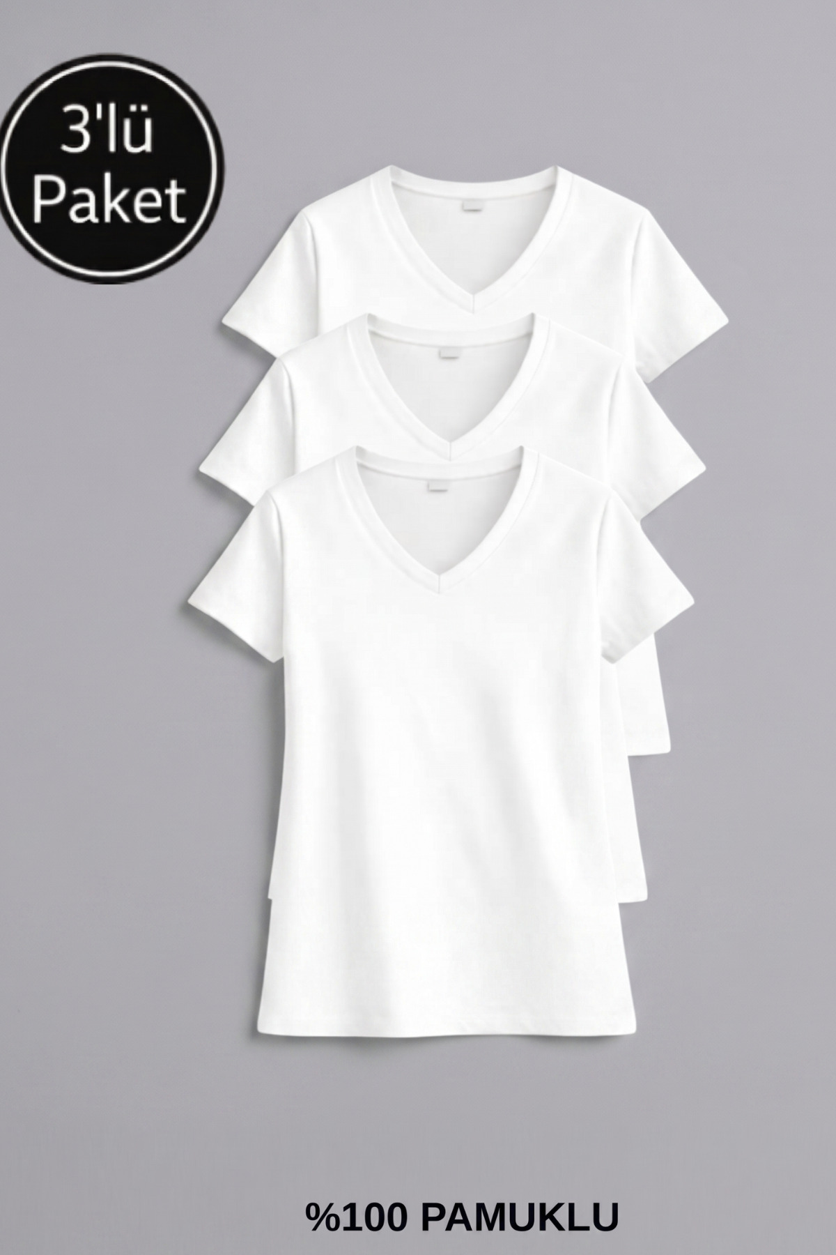 Women's Ecru V-Neck Cotton 3-Piece T-shirt