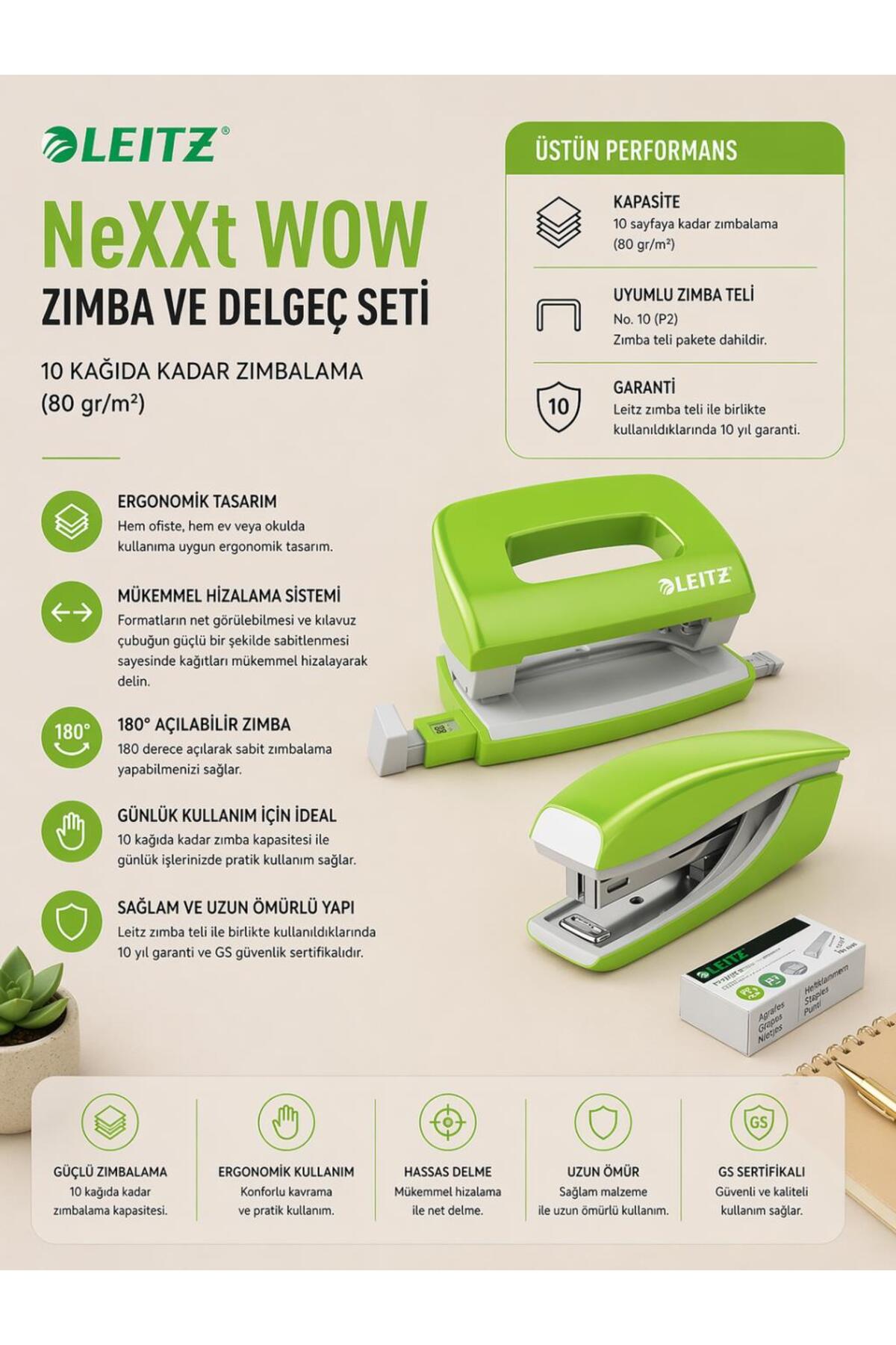 Leitz NeXXt WOW Mini Zımba ve Delgeç Seti - Yeşil - KOD:55612054