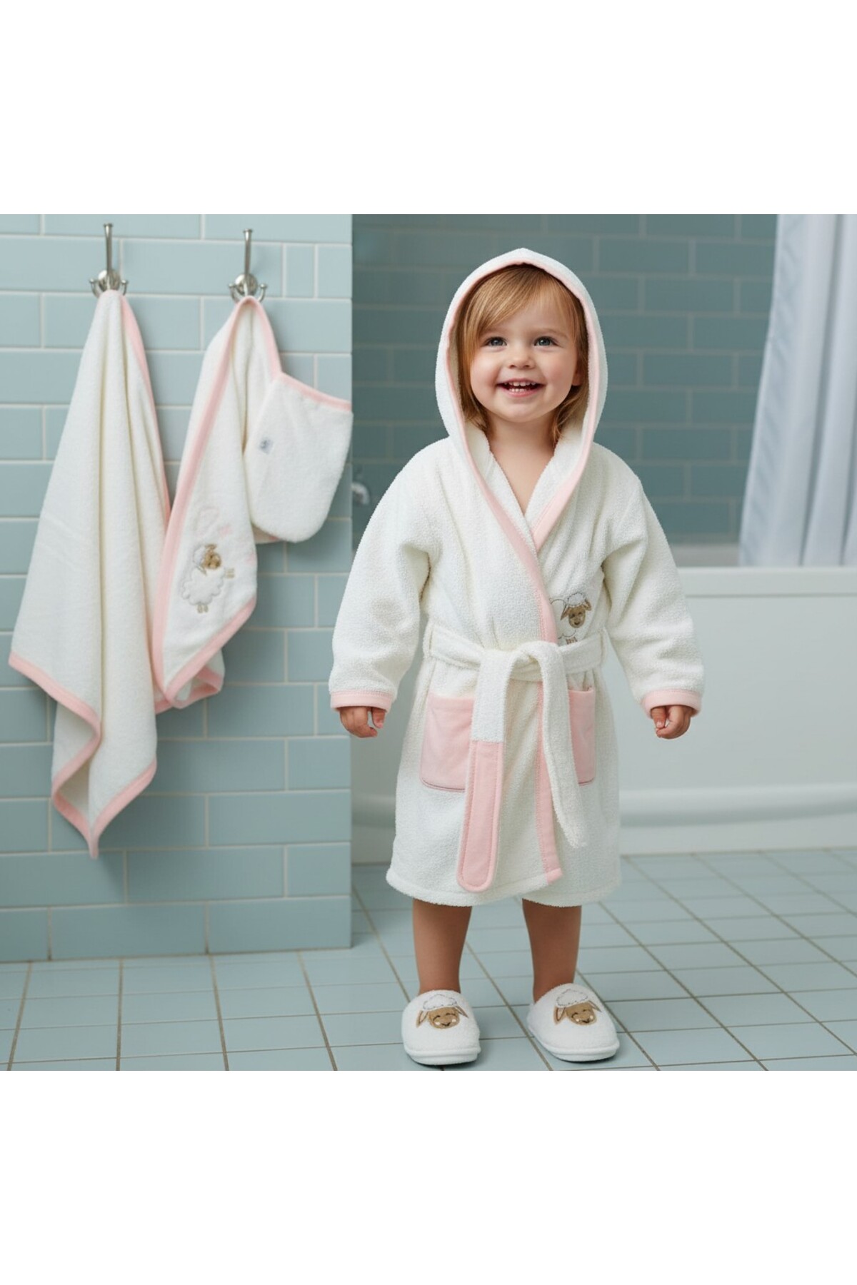 CUTE LAMB EMBROIDERED BATHROBE SET MADE OF100% COTTON. 4 PIECES 0-3 YEARS OLD