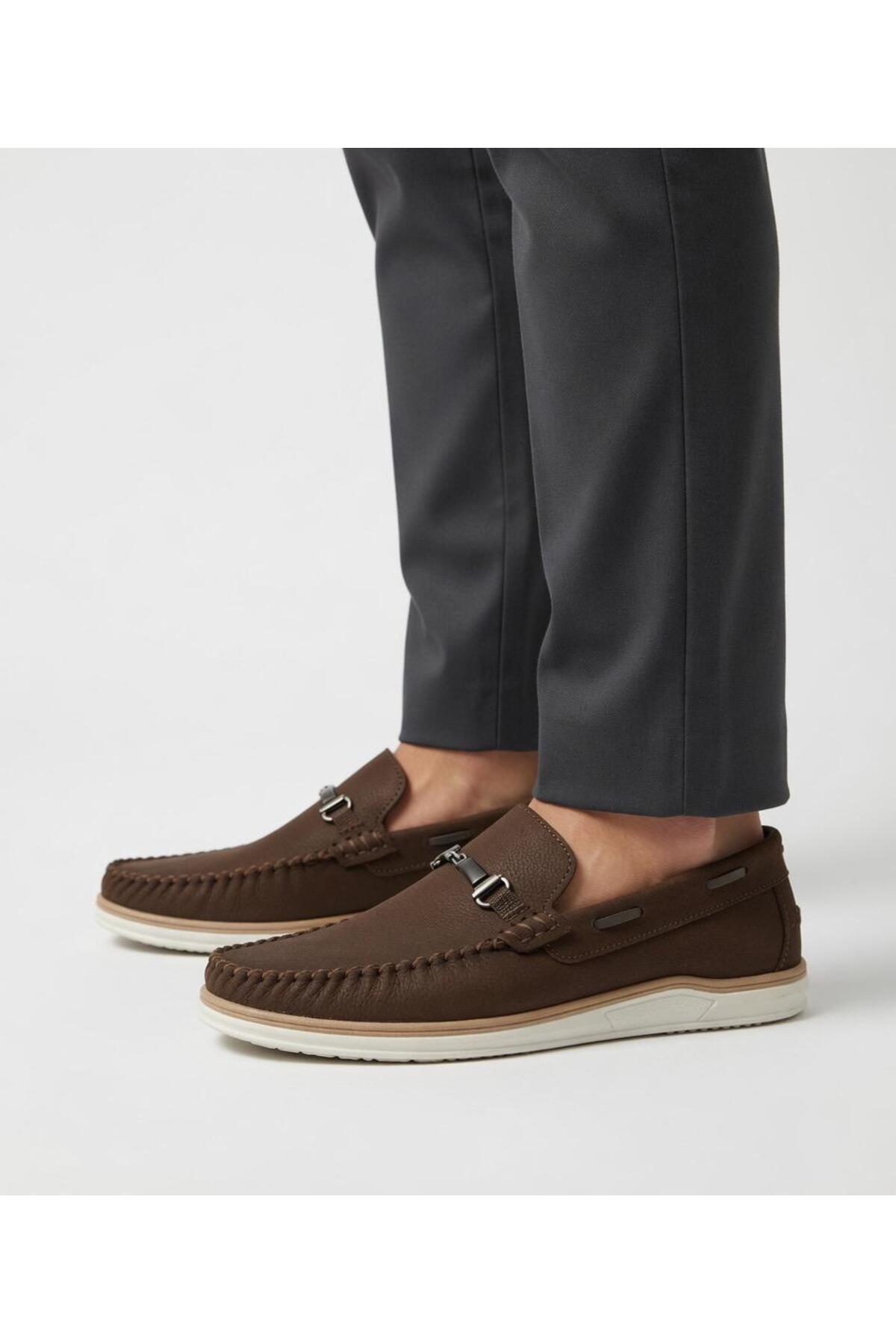 Slope Erkek Kahverengi Hakiki Deri Bağcıksız Günlük Casual Ayakkabı Comfort Taban 902